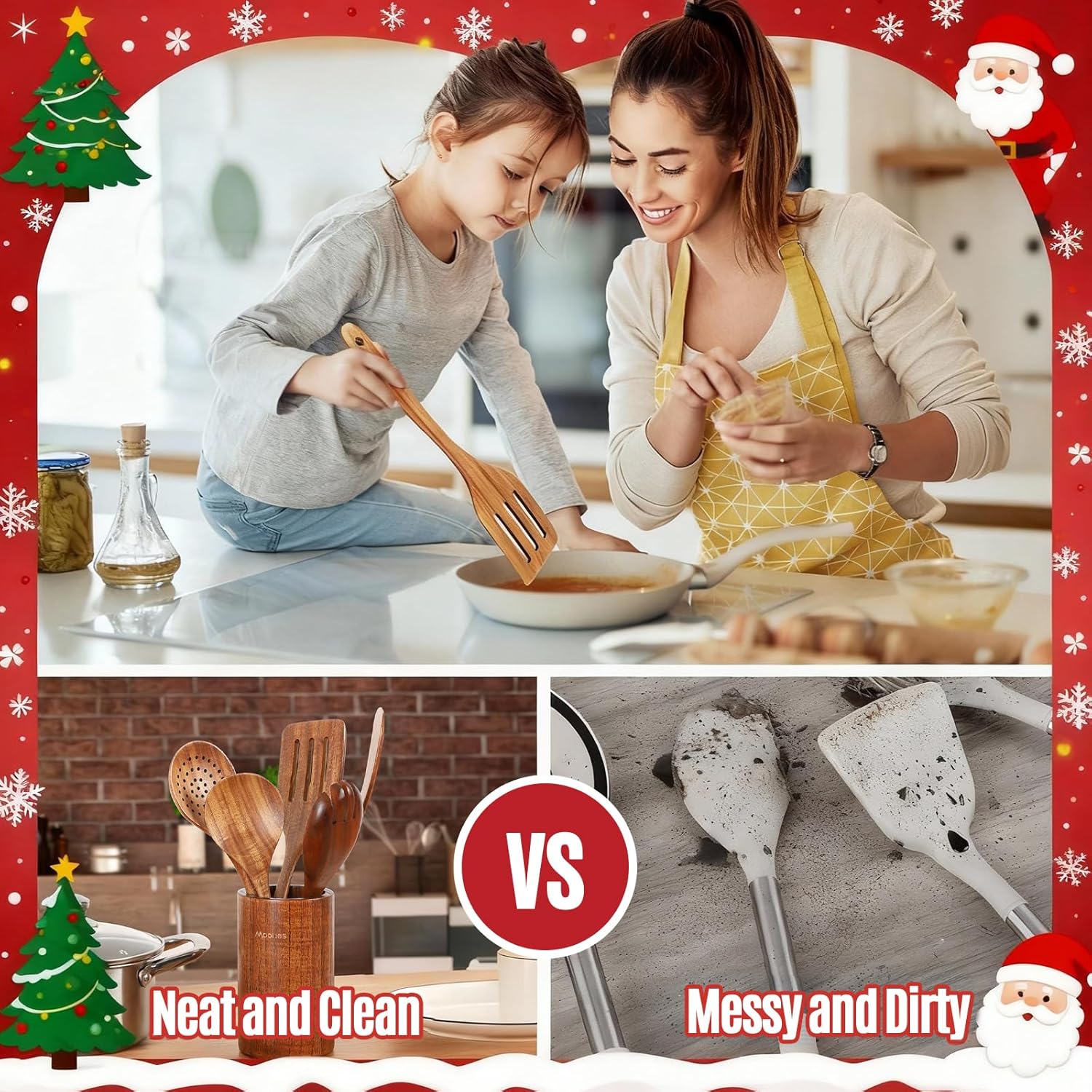 Wooden Spoons for Cooking, Wooden Utensils for Cooking Natural Teak Wooden Kitchen Utensils Set Comfort Grip(9 PCS Xmas Gift) - Image 4