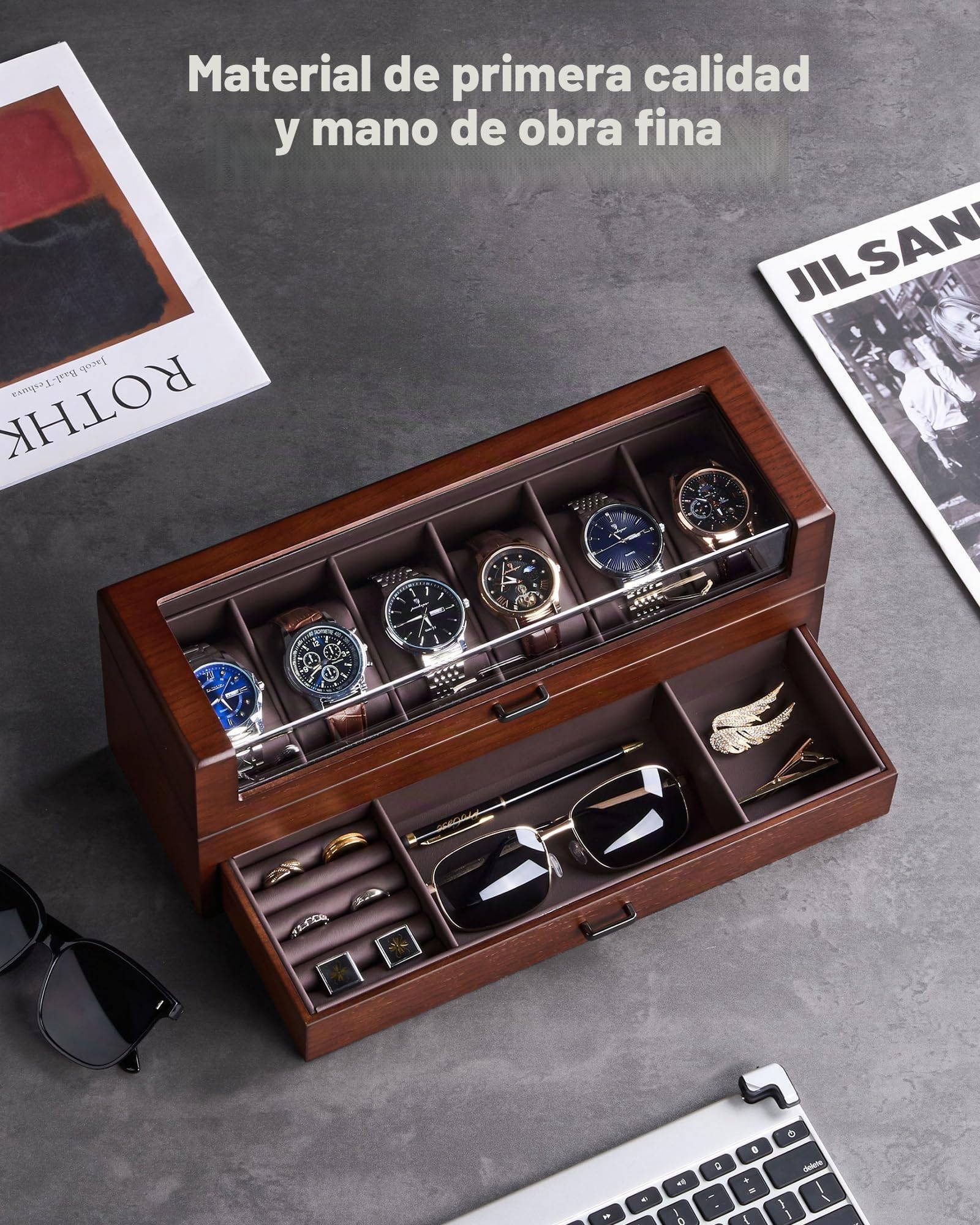 ProCase Estuche para Relojes de Madera, Caja Organizadora de 6 Ranuras con Cajón y Tapa de Cristal, Almohadillas y Forro Interior Suave, Porta Relojes para Hombre –6 Slot, Marrón