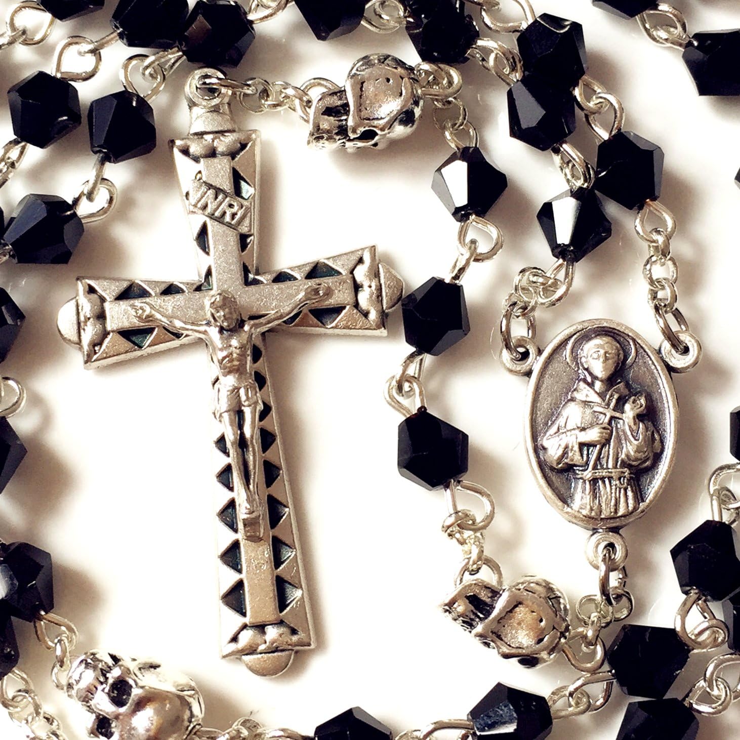 elegantmedical silver skull Beads black Crystal 5 Decade rosary cross crucifix Catholic Necklace - Image 4