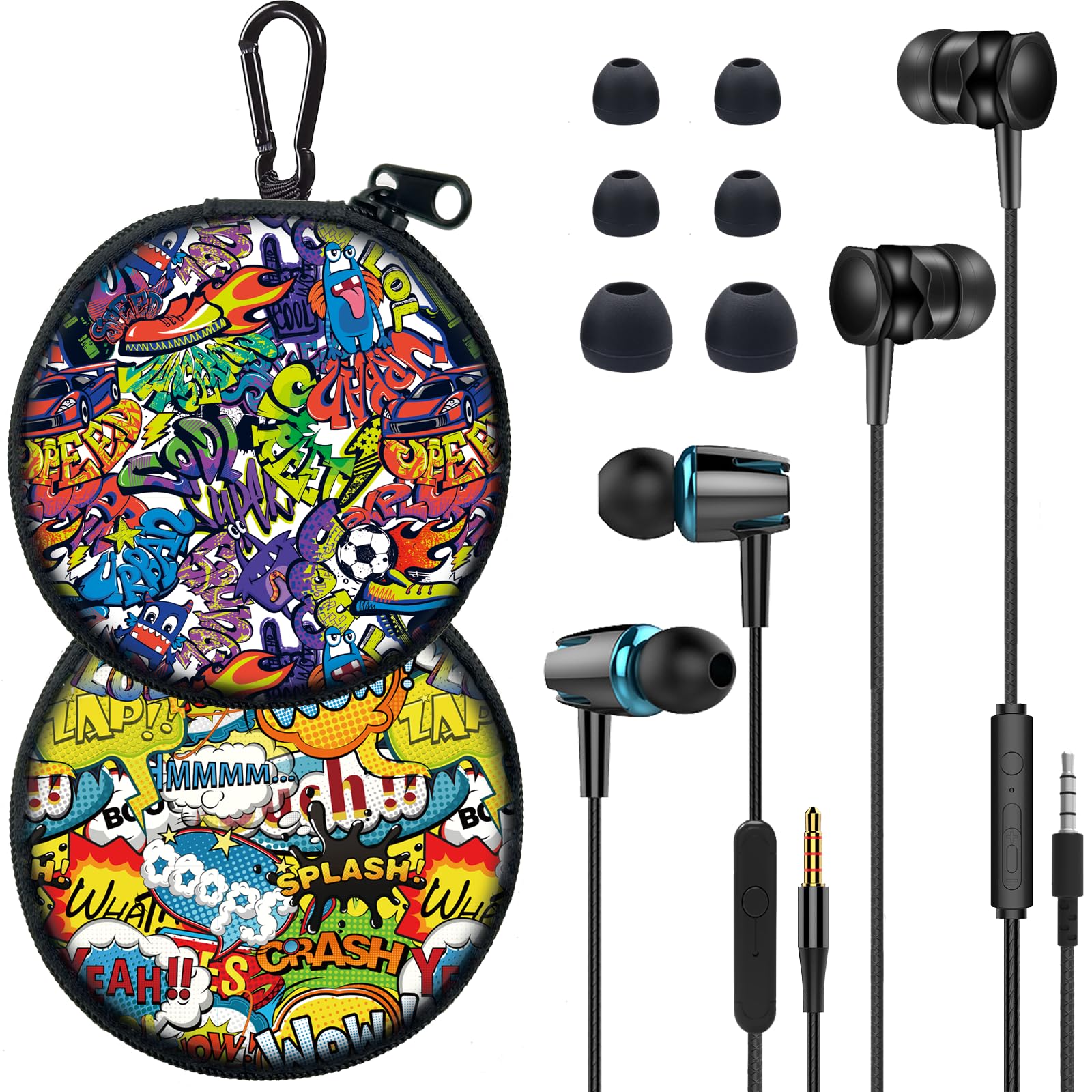 GOGOSINIS 2 Packs of Earbuds Set with Case for Kids for School, Wired Headphones with Case and Small Size Ear Tips, Ear Buds with Cute Case, Earphones for Phone and PC Laptop (Abstracts)
