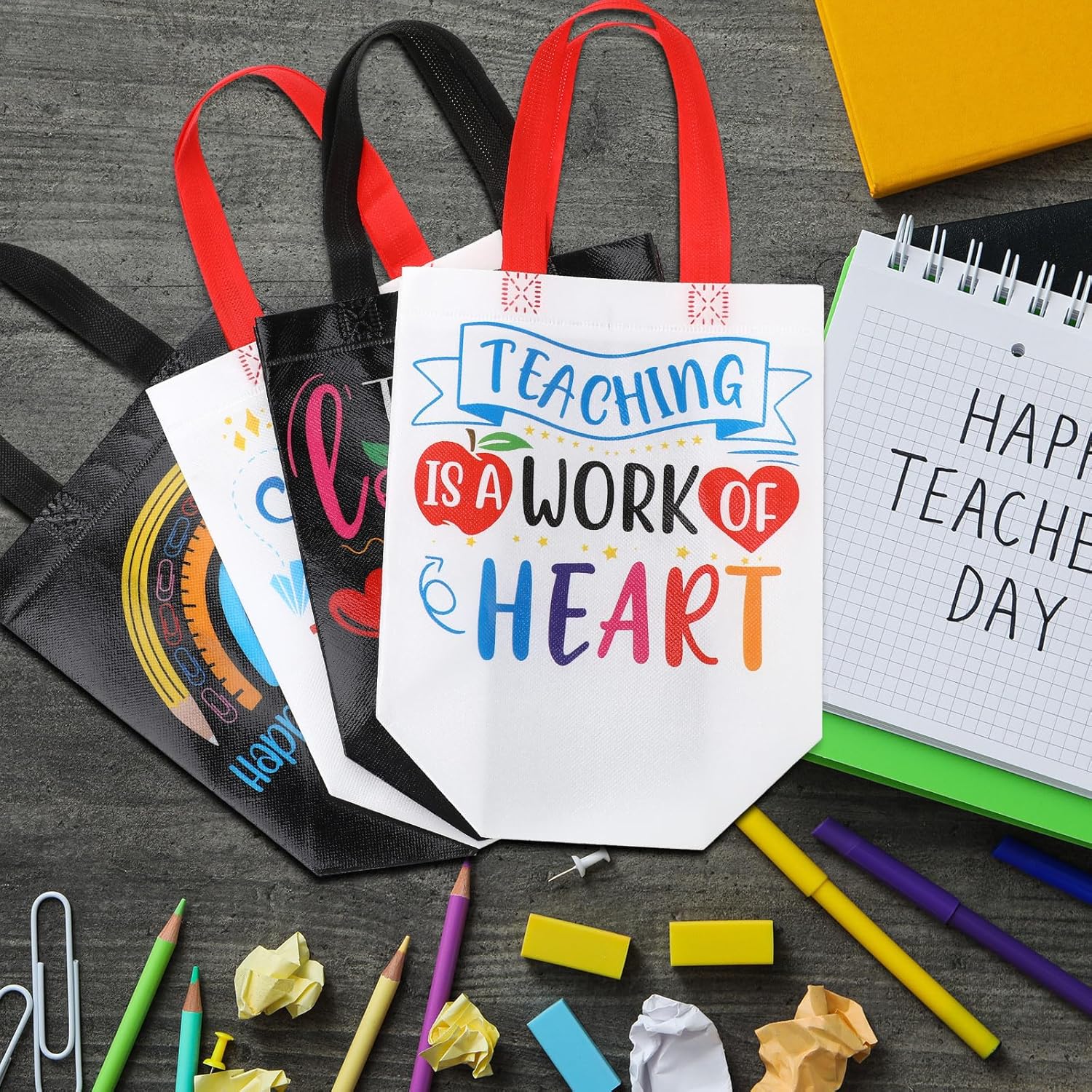 VitalCozy 48 Pcs Teacher Appreciation Week Gift Bags Teacher's Day Non Woven Favor Goodie Bag with Handle Thank You Gift Wrap for Teachers Birthday Retirement Supplies