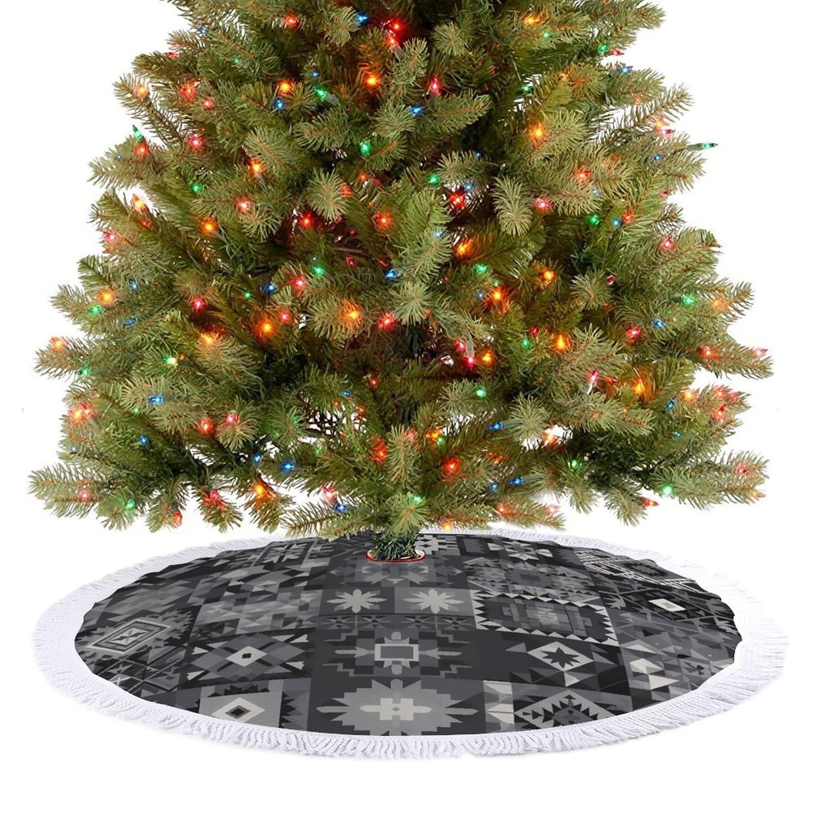 Gray Pattern Background Christmas Tree Skirt 30"x30" Rustic Xmas Tree Mat with Tassel Ornament Christmas Trees Cover Skirt Mat for Evergreen Trees Ornament Winter Holiday Mats Decorations