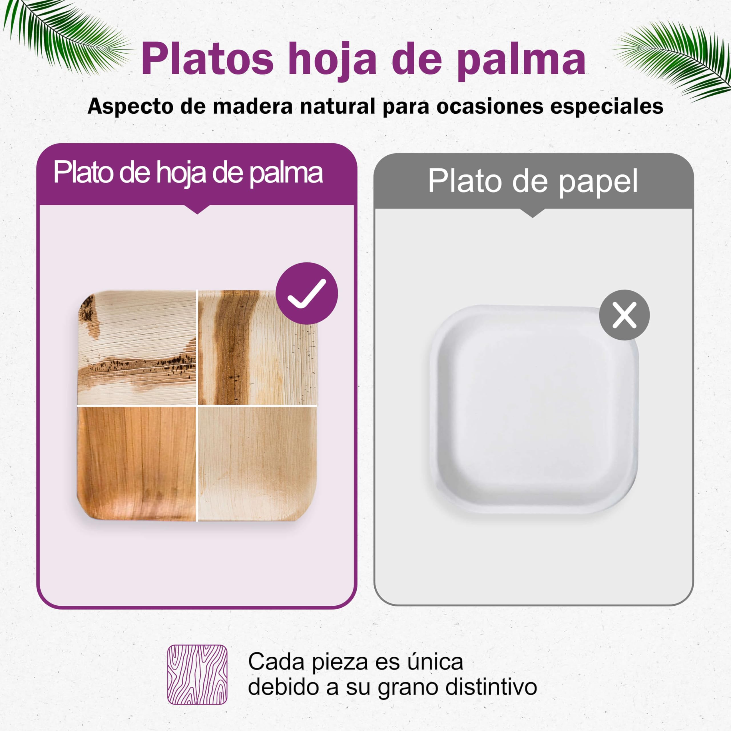 200 Platos Desechables de Hoja de Palma Ecológicos - Cuadrado Pequeño, 15x15 cm - Vajilla Orgánica - Estable, Natural y Compostable - Elegantes para Fiestas - Estilo Madera