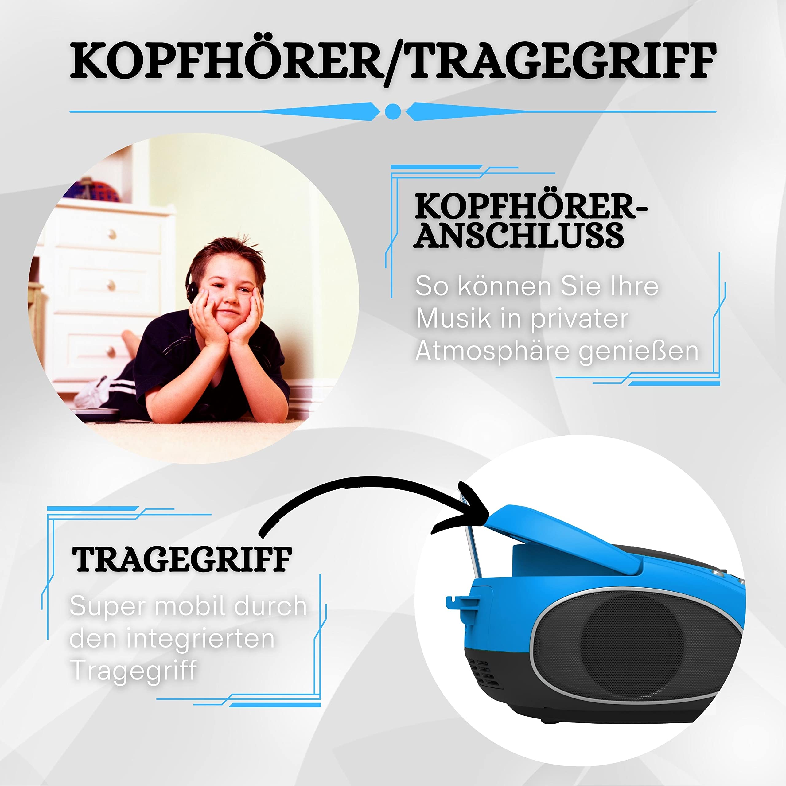 Tragbare Boombox | CD/CD-R | USB | FM Radio | Bluetooth | AUX-In | Kopfhöreranschluss | CD-Player | Kinder Radio | CD-Radio | Stereoanlage | Kompaktanlage