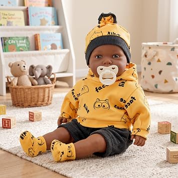 The Magic Toy Shop BiBi Doll 18 Eshe Black Baby Doll with 16 Realistic Sounds – Soft Body with Vinyl Head & Limbs – Ethnic, Brown Eyes, Yellow Outfit, Dummy – for Girls & Boys