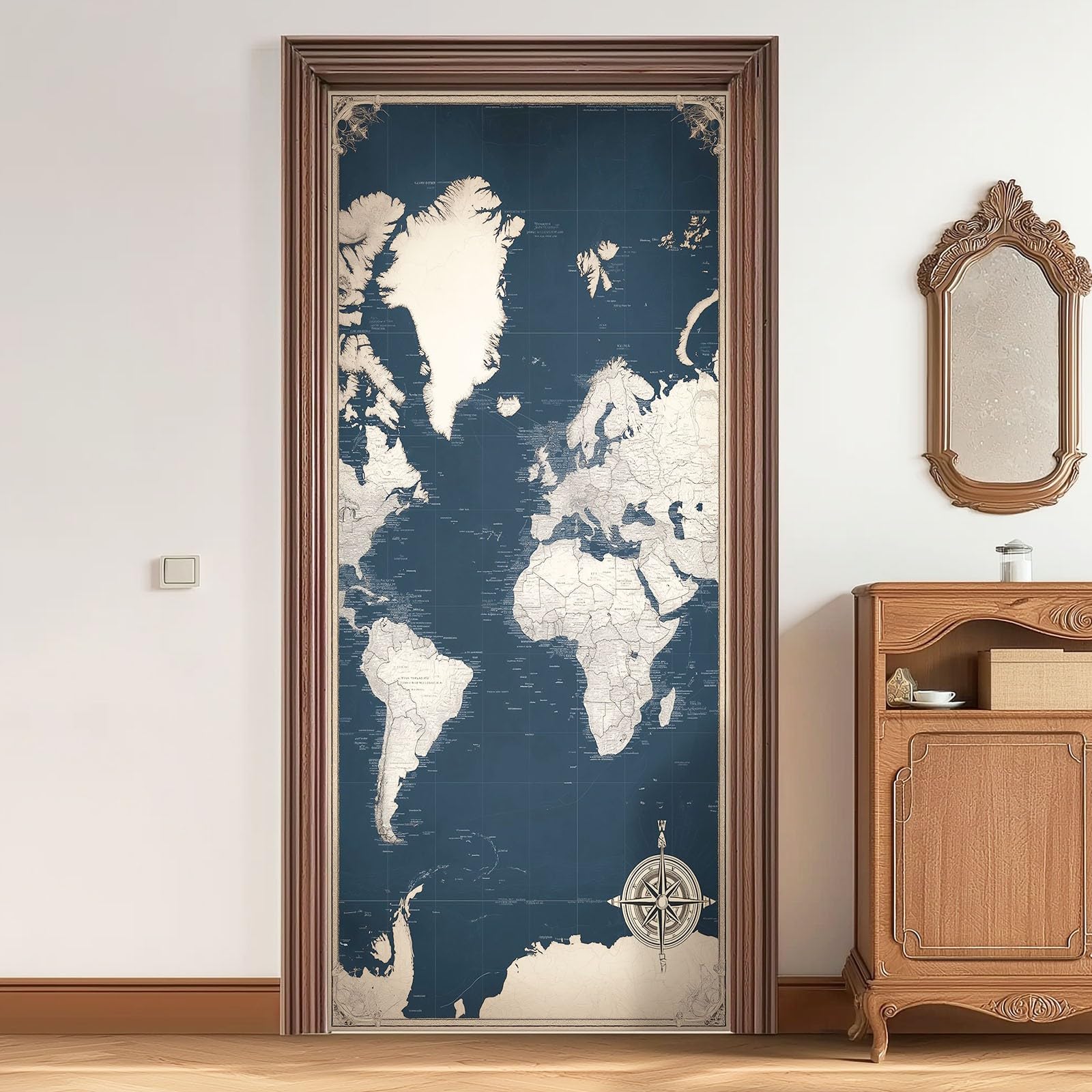 Naklejka na drzwi samoprzylepna, 80 x 210 cm, plakat na drzwi w stylu vintage - mapa świata, trwała i wodoszczelna, folia na drzwi, ciemnoniebieska, 3D "zrób to sam", naklejka na drzwi do toalety