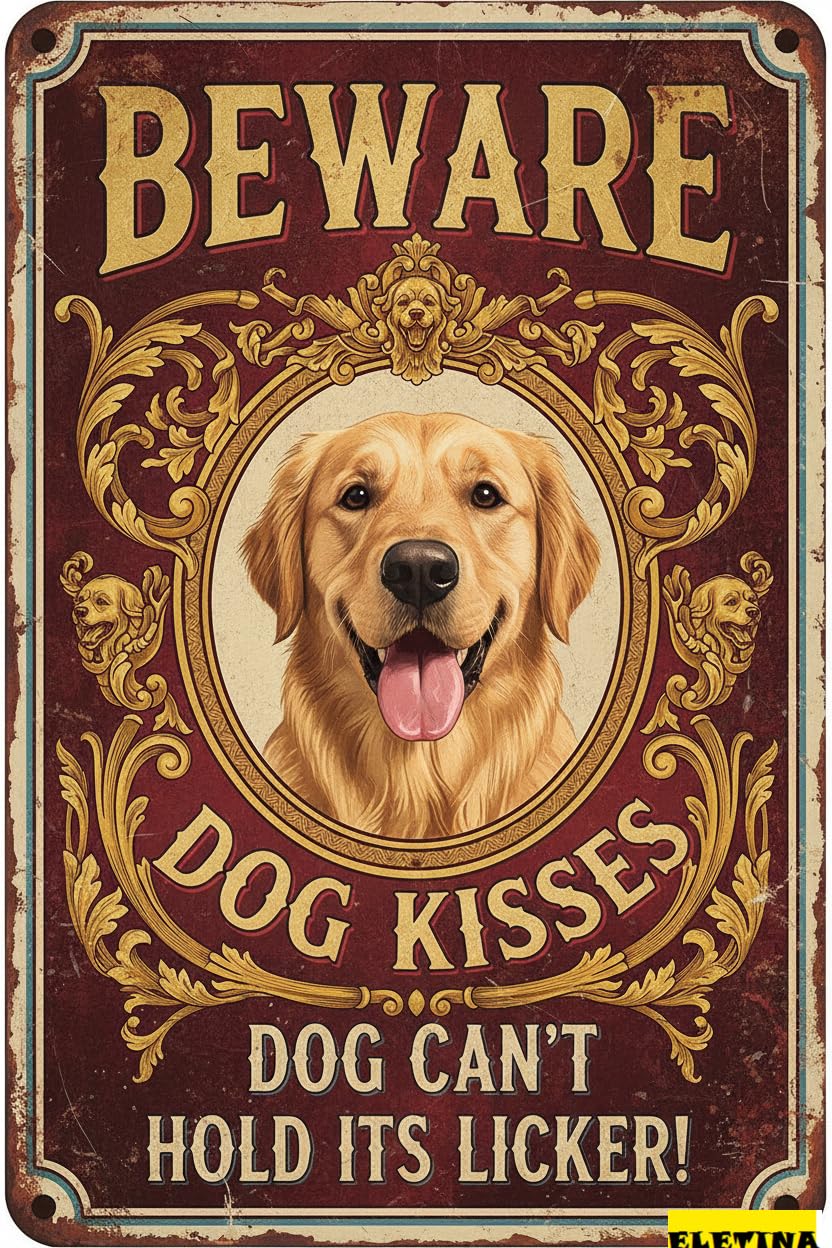 Beware Dog Kisses Licker Tin Sign, 8x12 Inch Decor