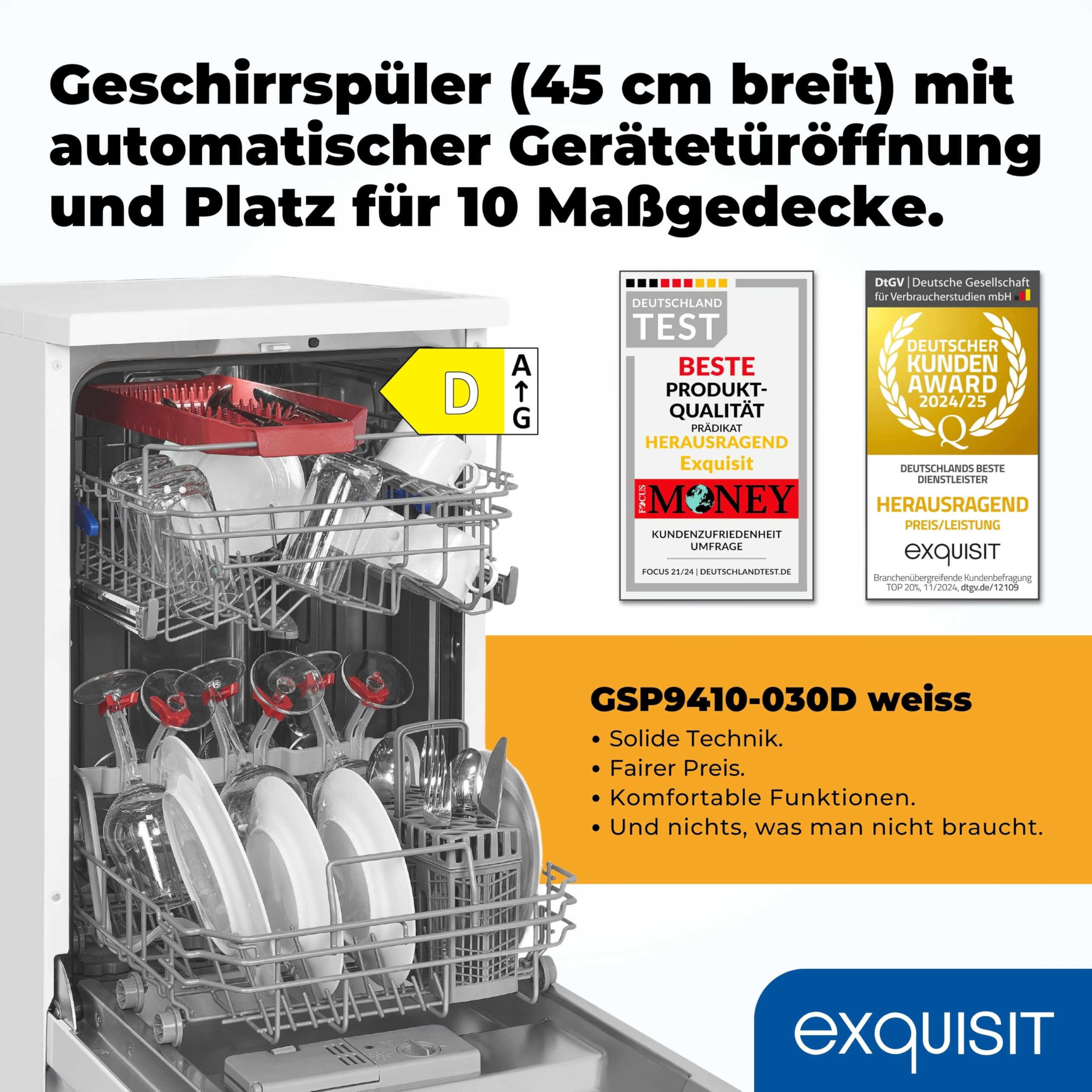 Exquisit Geschirrspüler GSP9410-030D weiss 45 cm unterbaufähig freistehend 10 Maßgedecke LED Spülmaschine