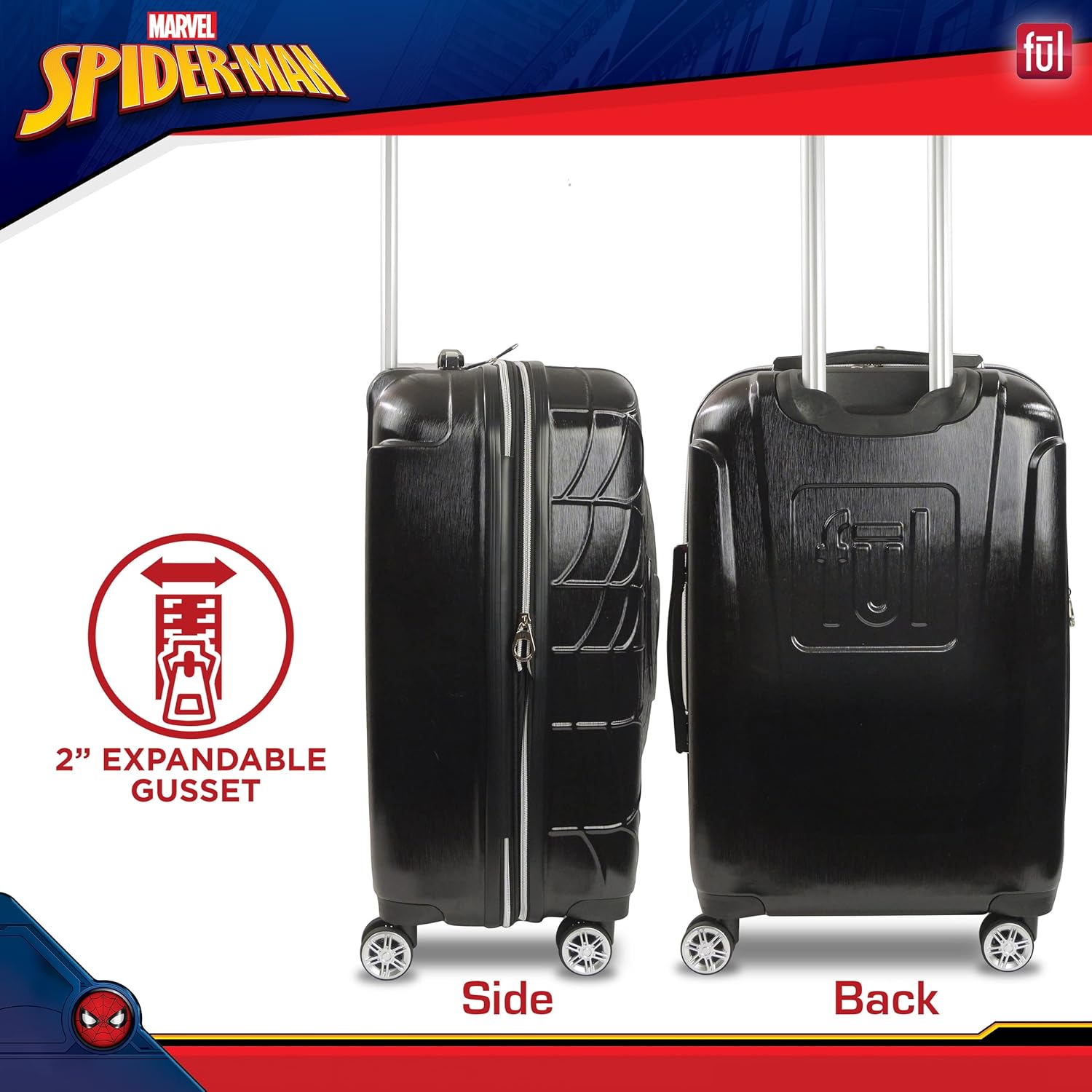 review FUL Marvel Spider-Man 25 Inch Rolling Luggage, Molded Hardshell Suitcase with Wheels, Black