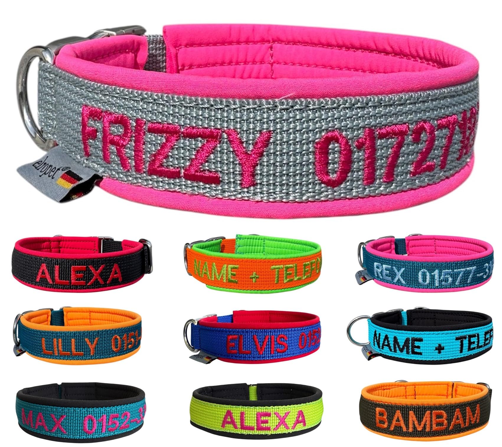 Hundehalsband personalisierbar - kleine und große Hunde (XS - XXL) - individuell zusammenstellen - Halsband Bestickt Name + Telefonnummer - Hundehalsband breit & verstellbar