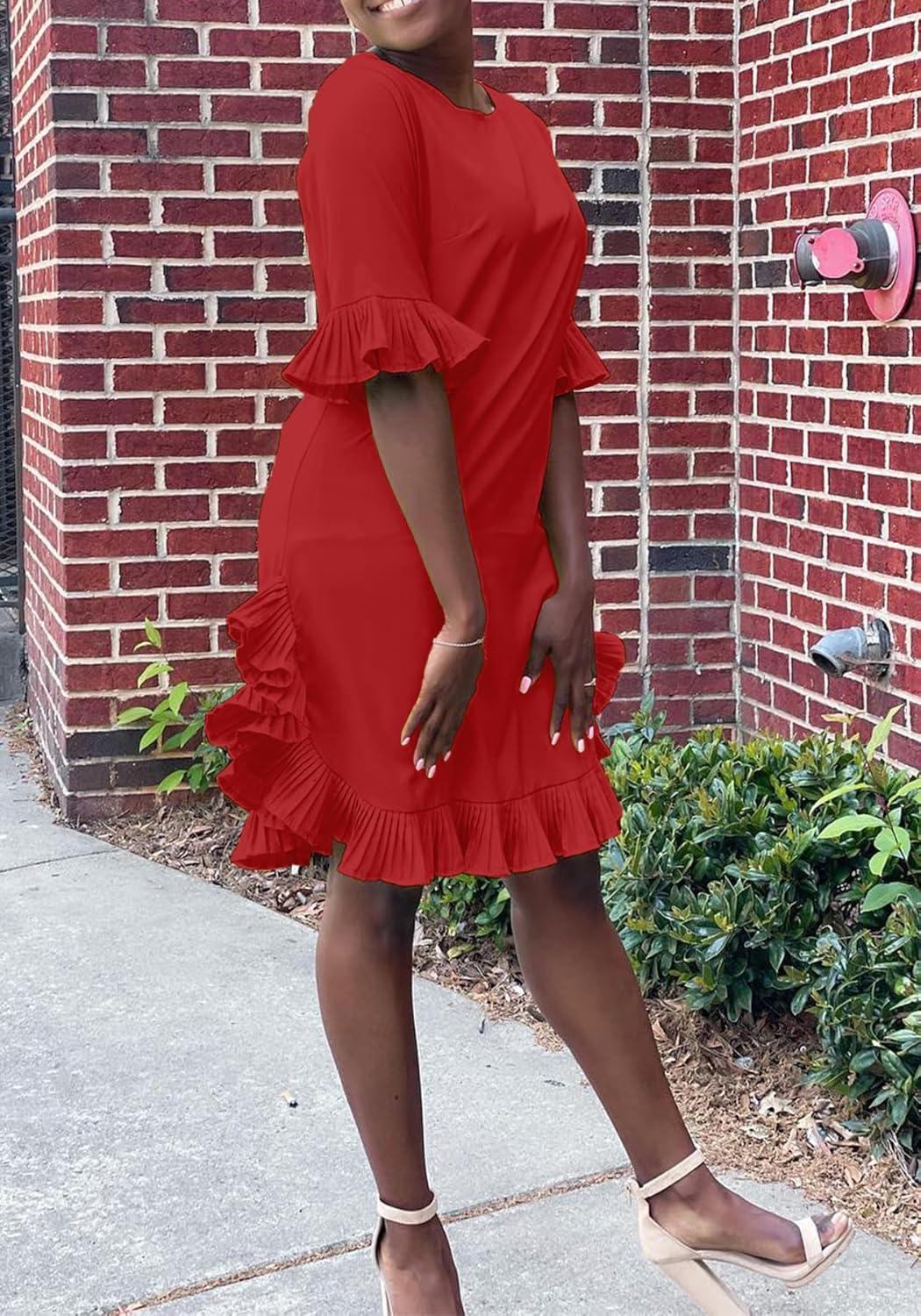 LKOUS Women Short Sleeve Round Neck Ruffles Hem Loose Midi Dresses Casual Short Dress - Image 2