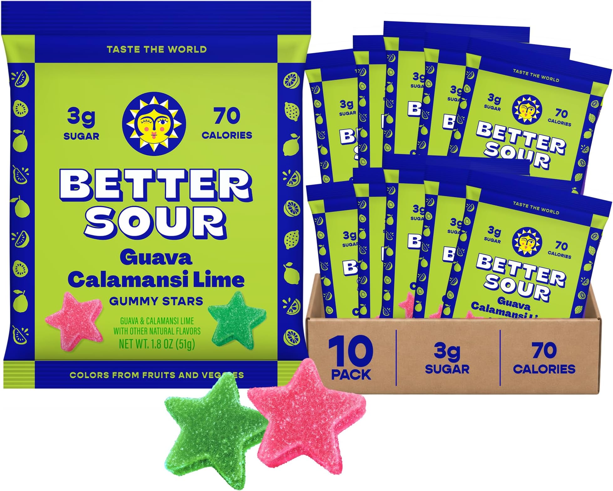 Better Sour Guava Calamansi Lime Gummy Stars Candy, Guava Sour Candy with Bold Tropical Flavor, Healthy Sour Candy Gluten Free Snack, Fiber Gummies with Fiber Support (Pack of 10)