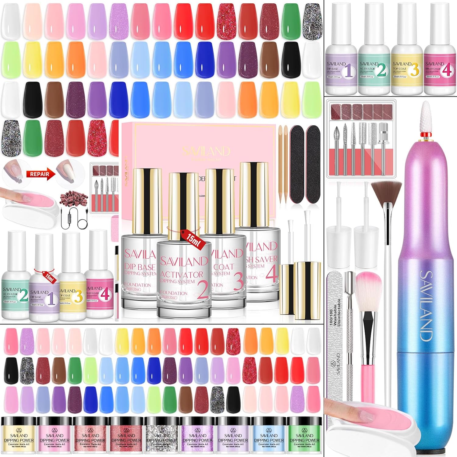 Saviland 60PCS Dip Nails Powder Starter Kit with Drill, Dip Powder Liquid Set for Beginners Proffessional