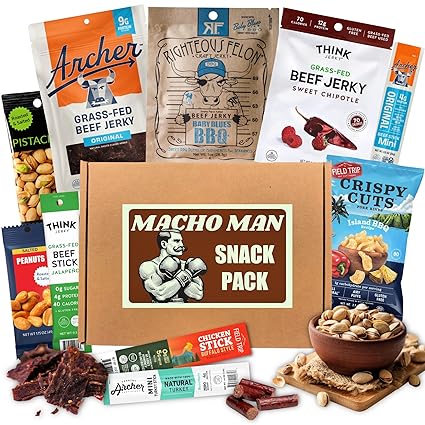 Macho Man Snack Pack Jerky Gift Box - High Protein Snacks for Men, Curated Beef Jerky Assortment Gift Box for Men, Husband, Dad, Boyfriend, Low Carb Keto