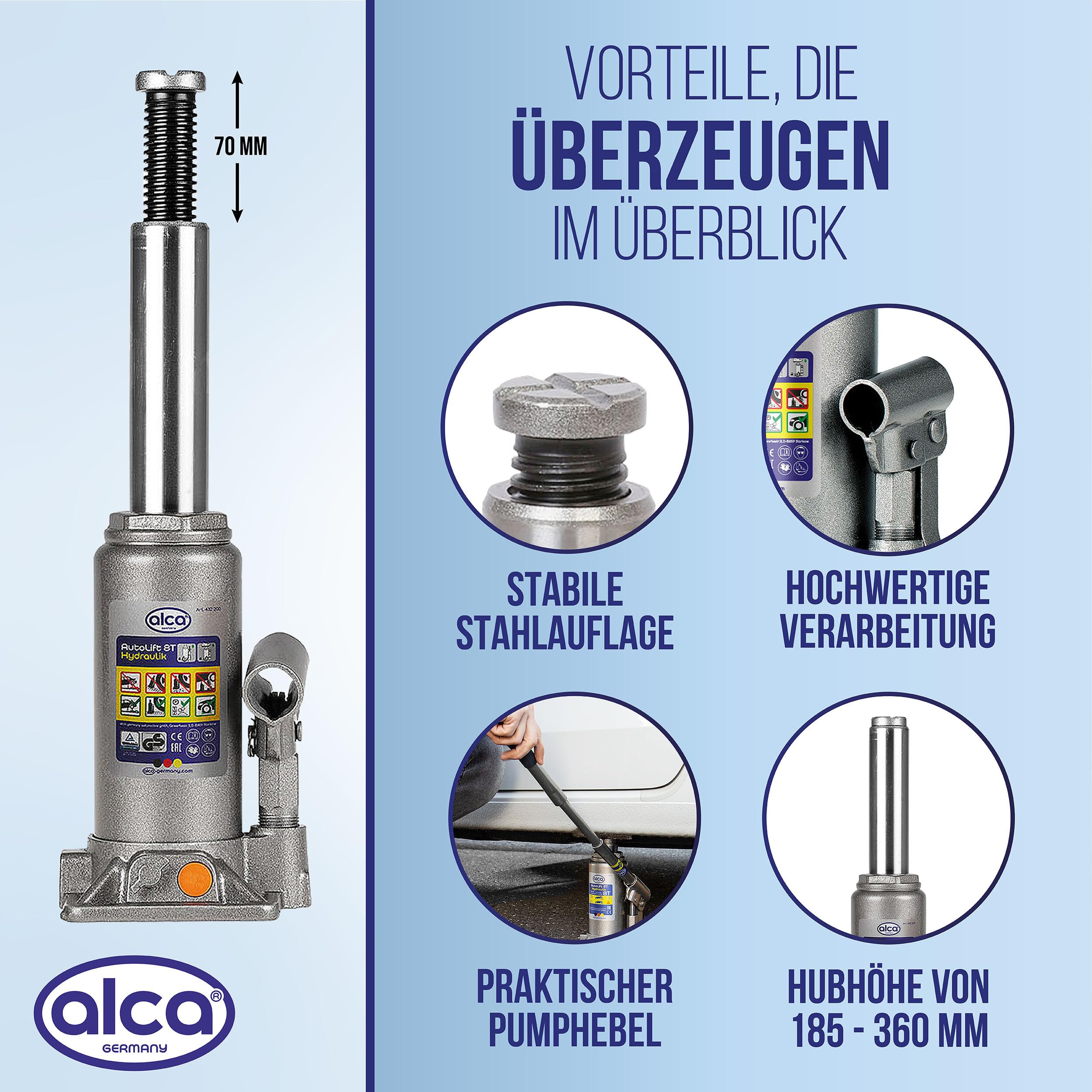 alca® Cric hydraulique 8 t, 185-355 mm Hauteur de Levage