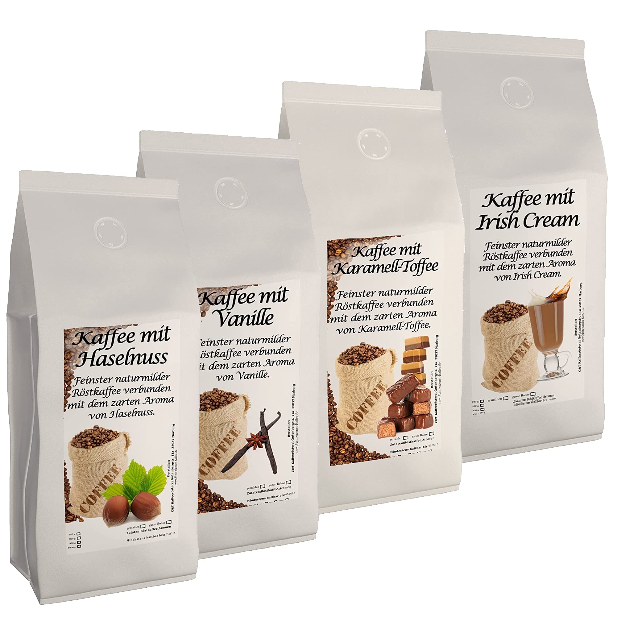 4 x 500g der leckersten Aromakaffee-Sorten Haselnuss, Irish Cream, Vanille, Karamell Toffee Gemahlen