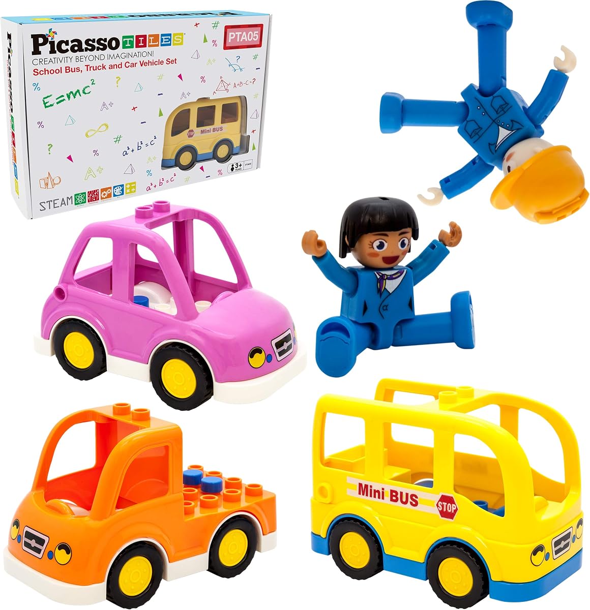 Magnetic Figures 5 Piece Vehicle and Action Figure Set Including School Bus, Car, Truck and 2 Drivers Magnet Expansion Pack Toddler Toy Kit Pretend Playset for Construction Building Block