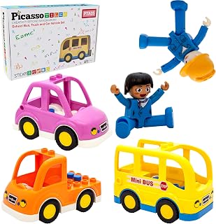 Magnetic Figures 5 Piece Vehicle and Action Figure Set Including School Bus, Car, Truck and 2 Drivers Magnet Expansion Pack Toddler Toy Kit Pretend Playset for Construction Building Block