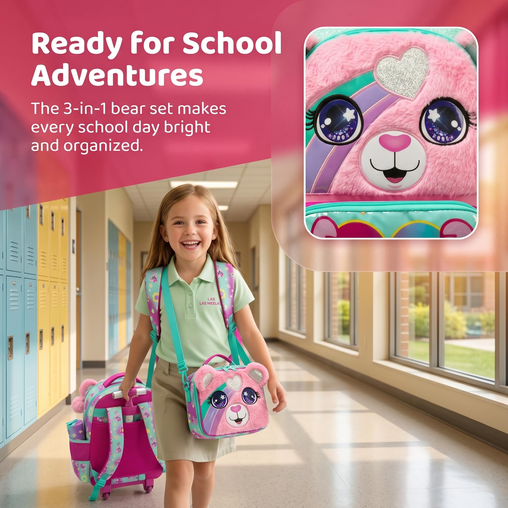 Sac a Dos Roulette Fille Enfant Cartable Cabine Primaire Valise École Maternelle Sacs à D'école pour Voyage de Bagages Ensemble Adolescents Étudian Poches Dégradé de Rose Ours