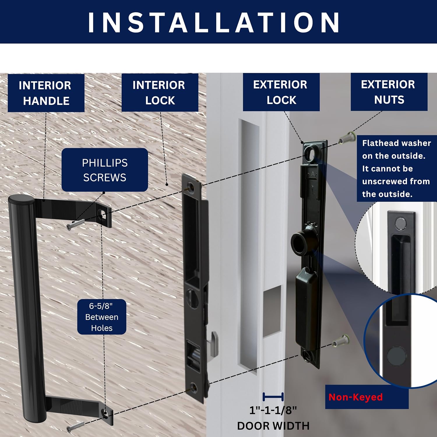 Sliding Glass Door Handle Set 6-5/8" – Round Handle Ergonomic Grip – Perfect for Patio, Glass Door, Balcony, and Replacement Projects. (Black Non-Keyed)
