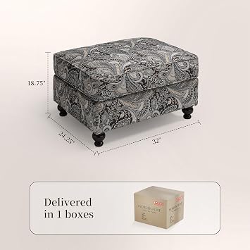 Upholstered Foot Stool Ottoman, Foot Rest with Wooden Legs, Mid-Century Floral Paisley Pattern Footstool Ottomans for Living Room, Bedroom, Entryway (Ottoman)