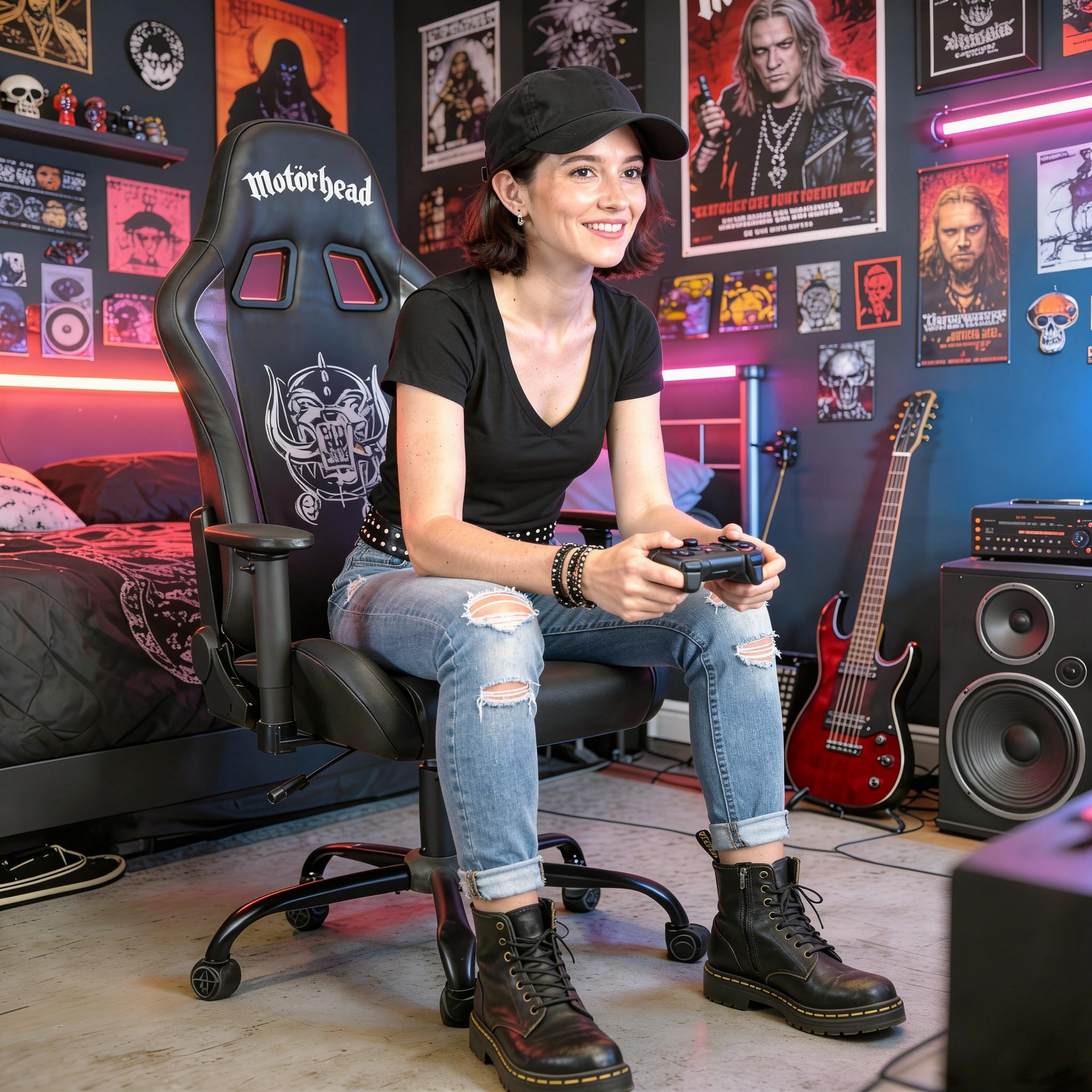 Subsonic Motorhead Sedia da Gioco o da Ufficio, Sedia Gaming Adulti, Seduta Confortevole, Poggiatesta Integrato, Braccioli e Altezza Regolabili, Schienale Ergonomico, Nero