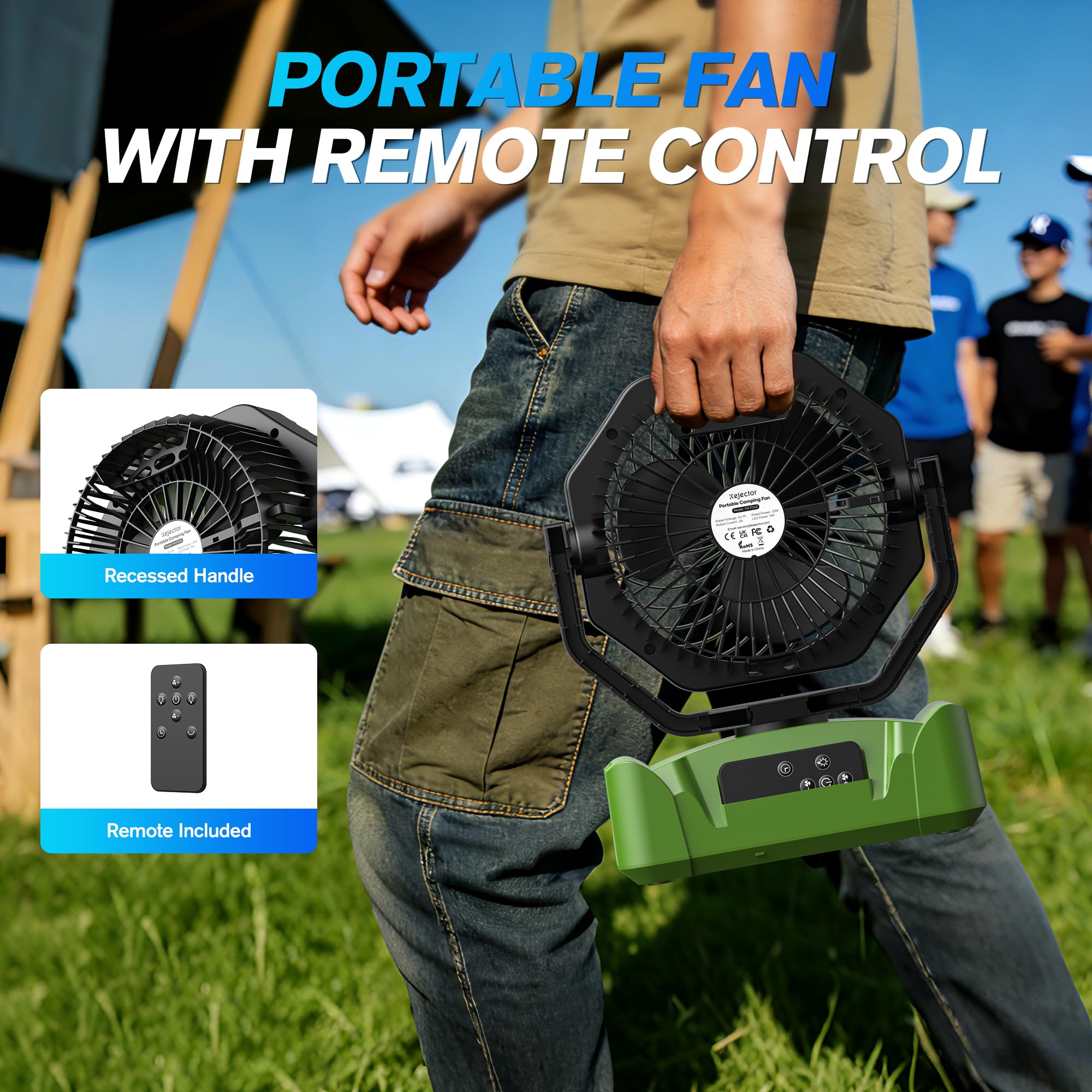 kejector Ventilatore da campeggio con luce a LED, batteria ricaricabile da 24000 mAh, portatile, con gancio, ventilatore da scrivania, USB, telecomando, 6 velocità, per tenda all'aperto, viaggi