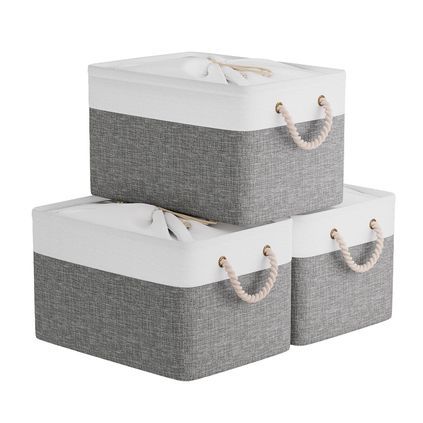OUTBROS 3 PCS Cesta de almacenamiento grande, 33 x 23 x 20 cm Caja de Almacenaje plegable de tela con asas de transporte y cubierta de cordón para toallas, ropa, Gris/Blanco