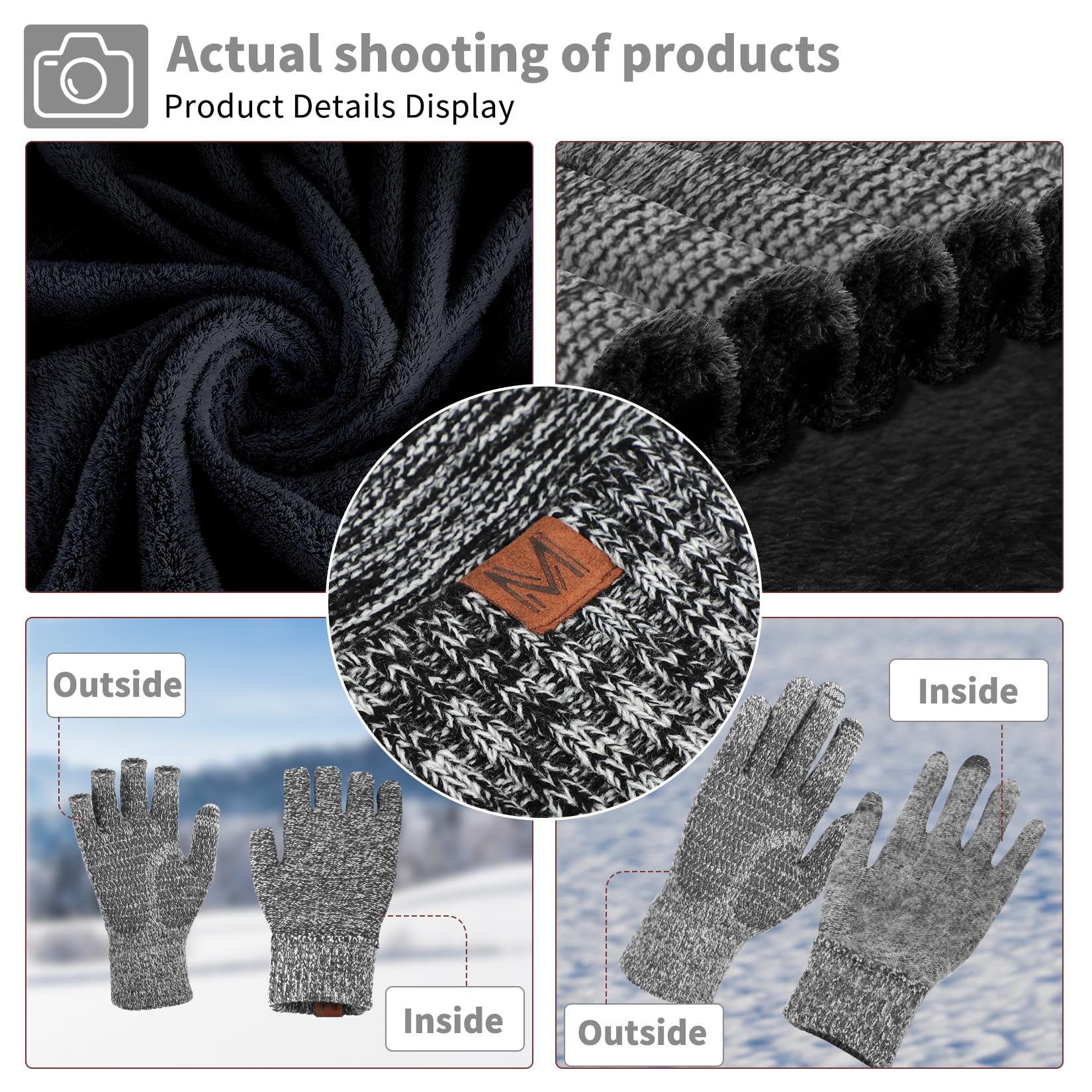 Maylisacc 3Pcs Slouch Beanie Invernale Scaldacollo Termica e Guanti Touch Screen a Maglia Uomo Donna con Fodera in Morbido Pile