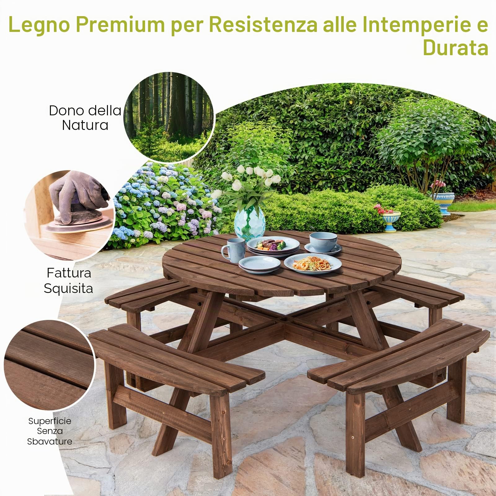 GIANTEX Set di Tavolo e Panche Da Esterno Rontondo in Legno, Set di Mobili da Giardino per 8 Persone con Foro per Ombrellone, Resistente alle Intemperie, 178x178x70 cm