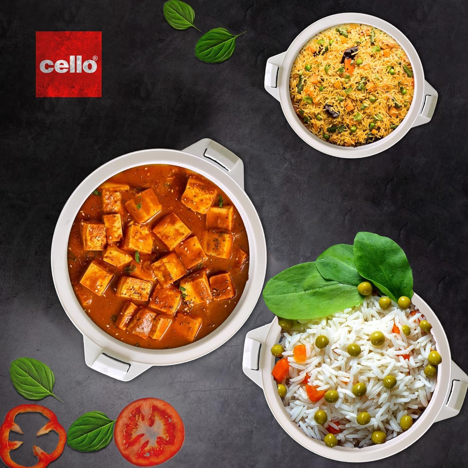 Cello Chef Super 3-teiliges isoliertes Hot Pot Kasserolle Geschenk-Set 500, 850, 1500 (weiß)