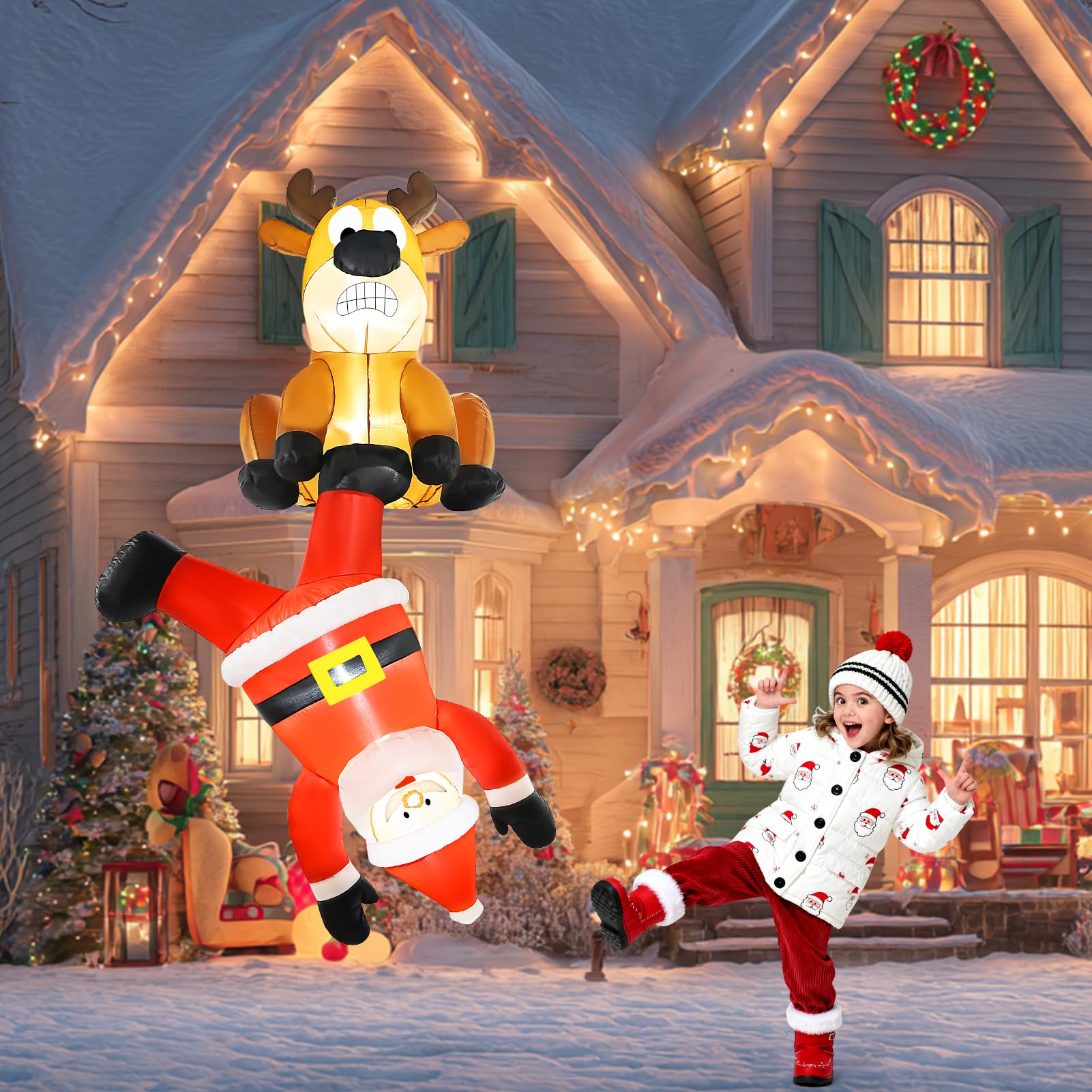 Decoración Inflable de Navidad para Escalar Papá Noel y Renos al Aire Libre, 8 pies, Gigante, Divertido, para Colgar, inflables, Fiesta de Navidad, con Luces LED, decoración de jardín, césped