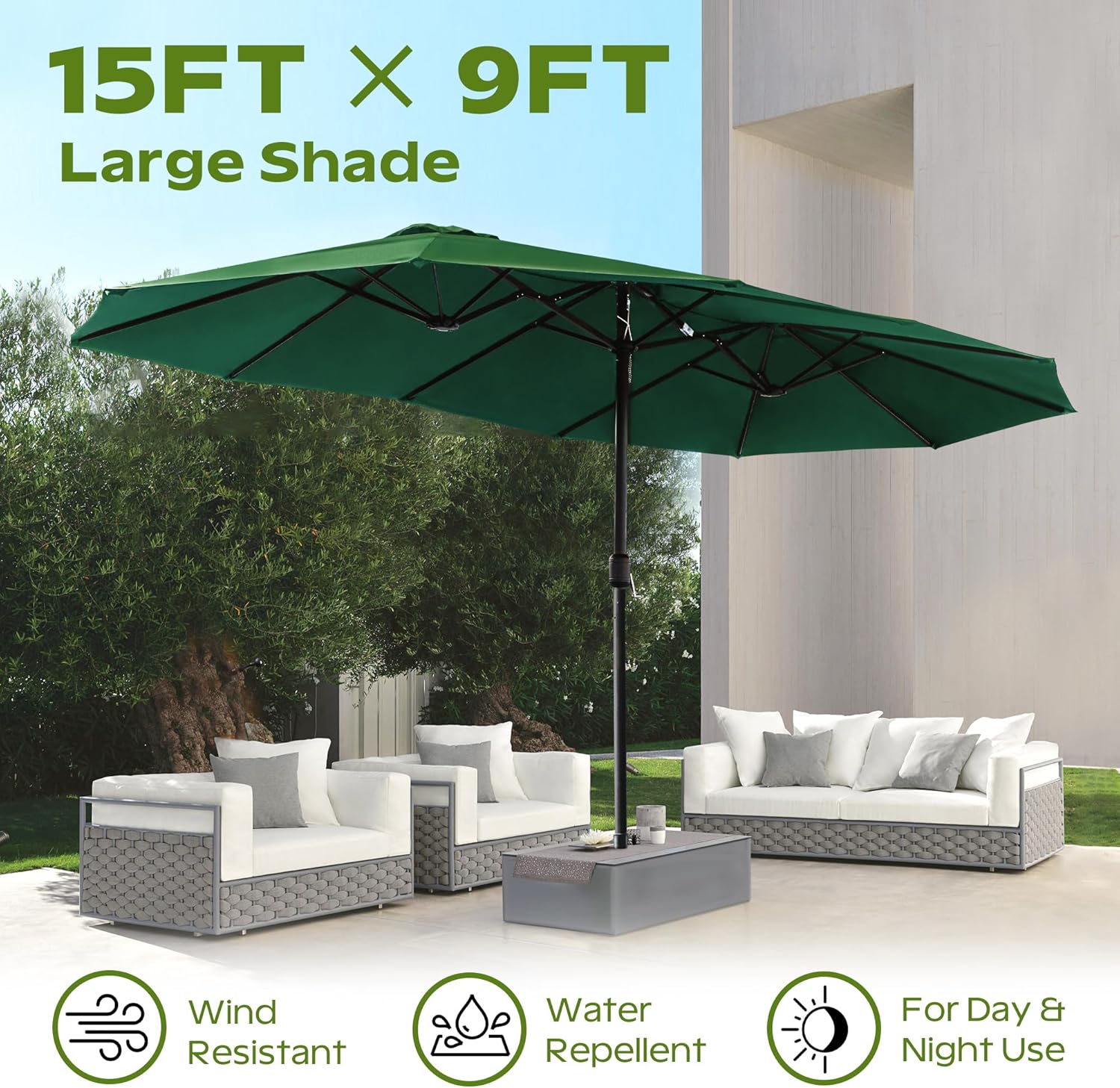 15ft Umbrella Outdoor Patio - Double-Sided Large Market Rectangle Umbrellas with Crank Handle for Patio Garden Yard Pool (No Base)