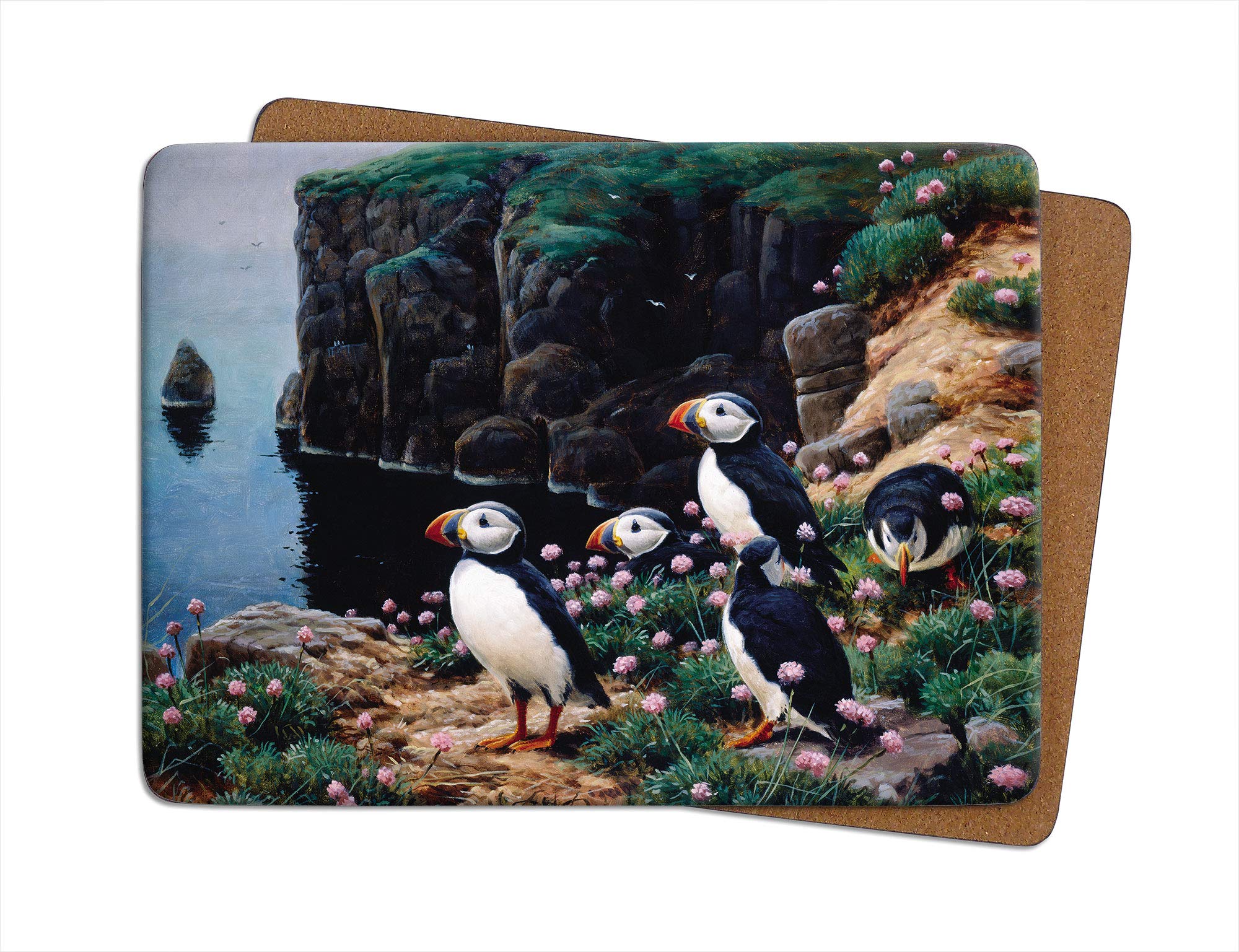 Julian Friers Puffins Cliff Edge Large Table Mat by Wildlife Artist Non-slip - Cork-backed Placemat