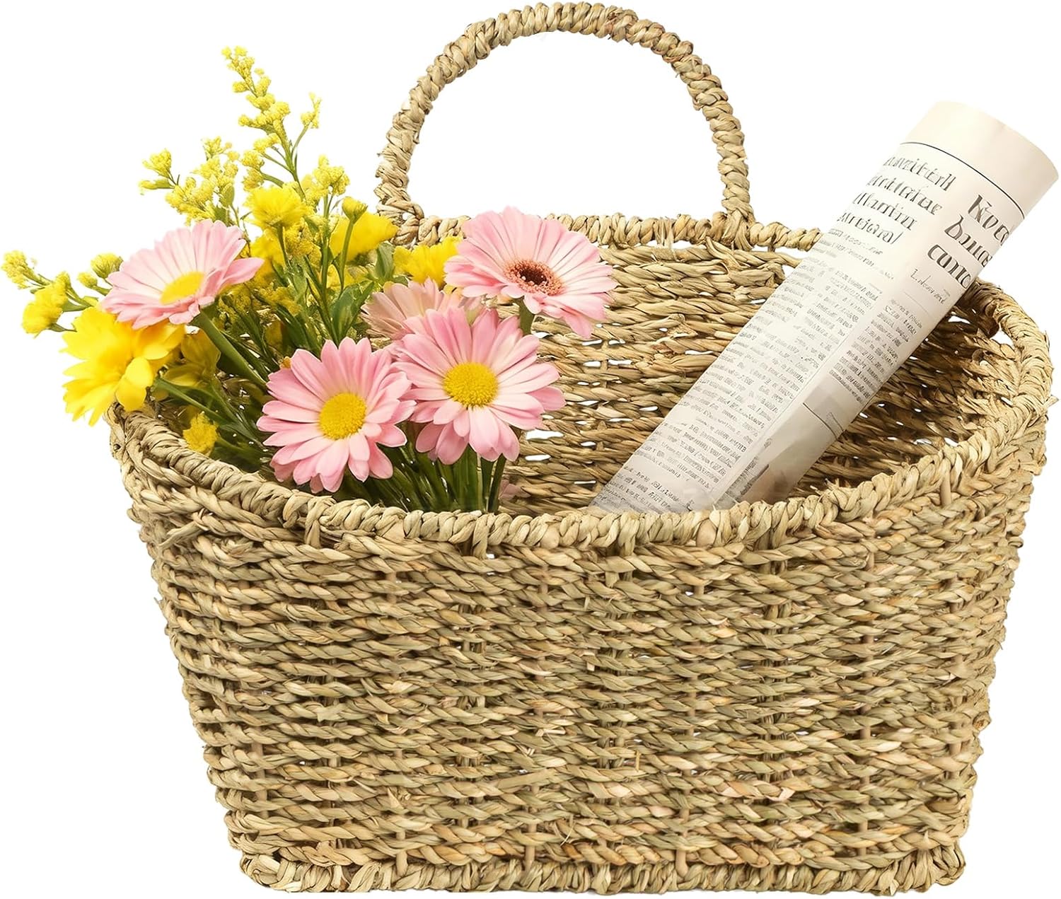 Hanging Wall Basket Handwoven Wicker Basket for Plants, Flowers & Storage, Rustic Farmhouse Wall Decor Organizer, Natural Seagrass