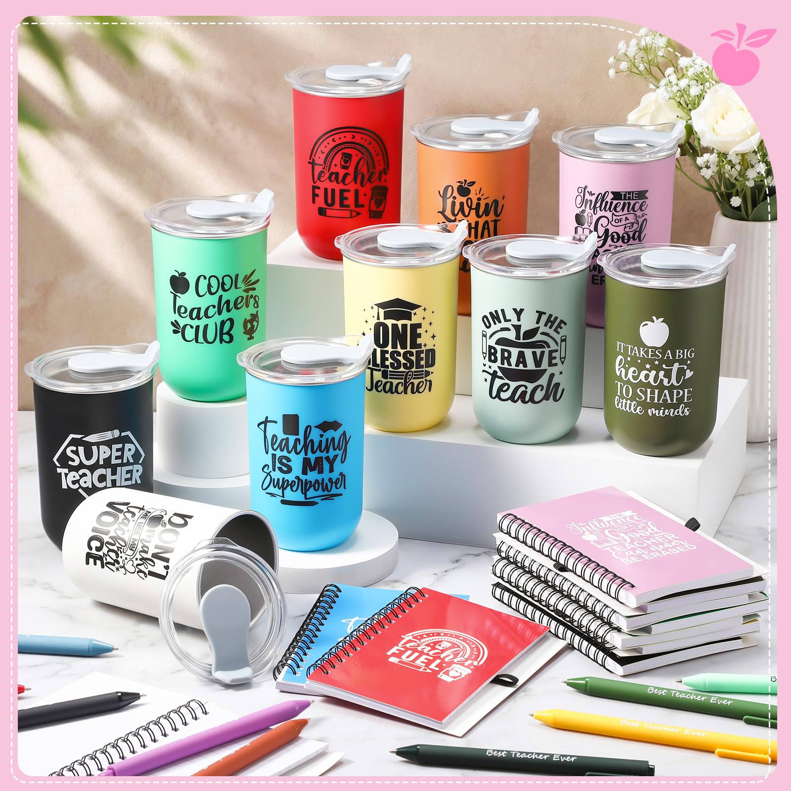 Set da 10 tazze da caffè in acciaio inox a spirale, quaderni a spirale, penne a sfera, regalo di ringraziamento per insegnanti (colorato)