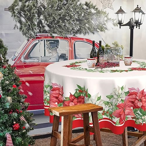 Miniatura 4 de SuQKXCo Mantel Redondo de Navidad de 60 Pulgadas Poinsettia Acebo Rojo y Blanco Mantel de Navidad Impermeable Paño de Mesa Lavable Cubierta de Mesa