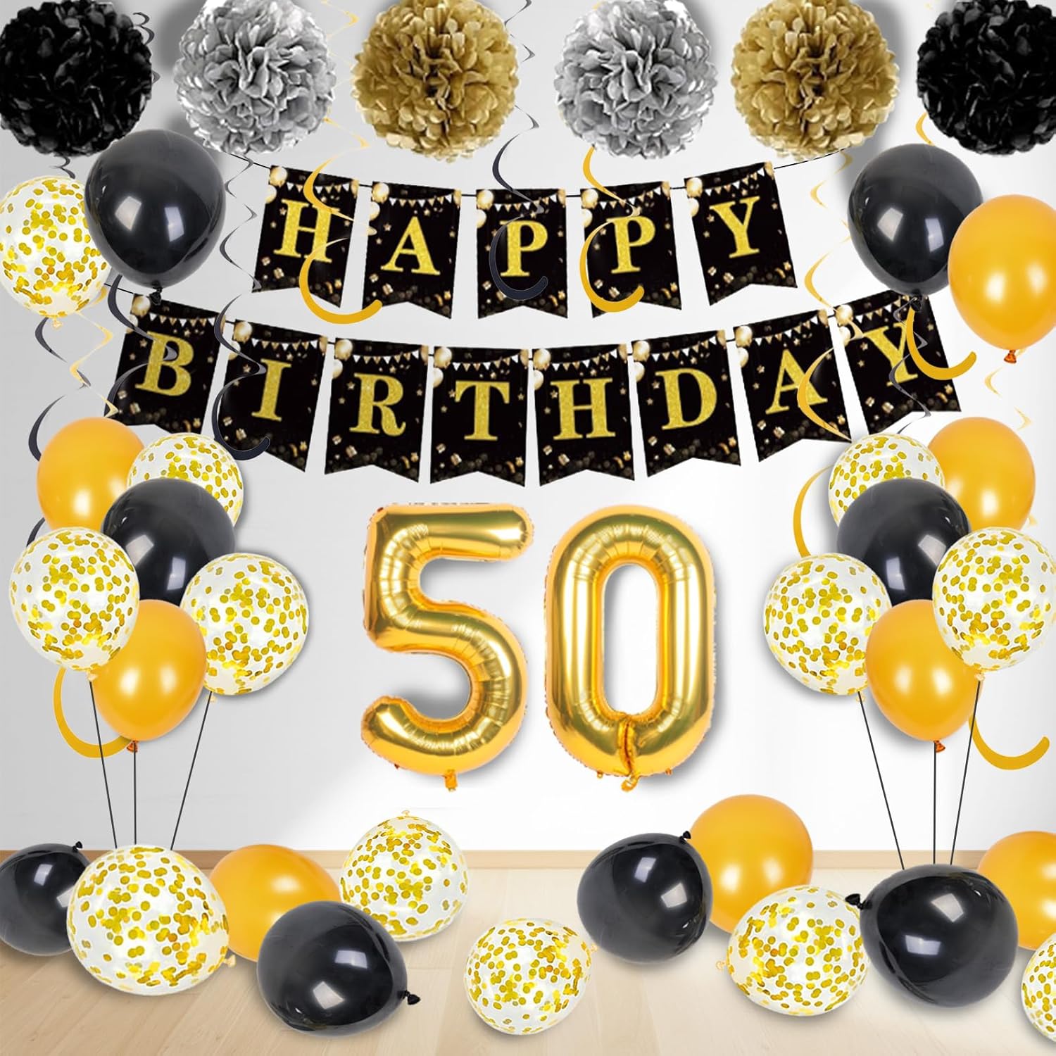 50th Birthday Decorations for Men Women, 46 Pcs Black Gold Happy 50 Year Old Party Supplies 1975 Birthday Gifts Banner Backdrop Balloon Cake Topper Honeycomb Centerpiece Hanging Swirls Set