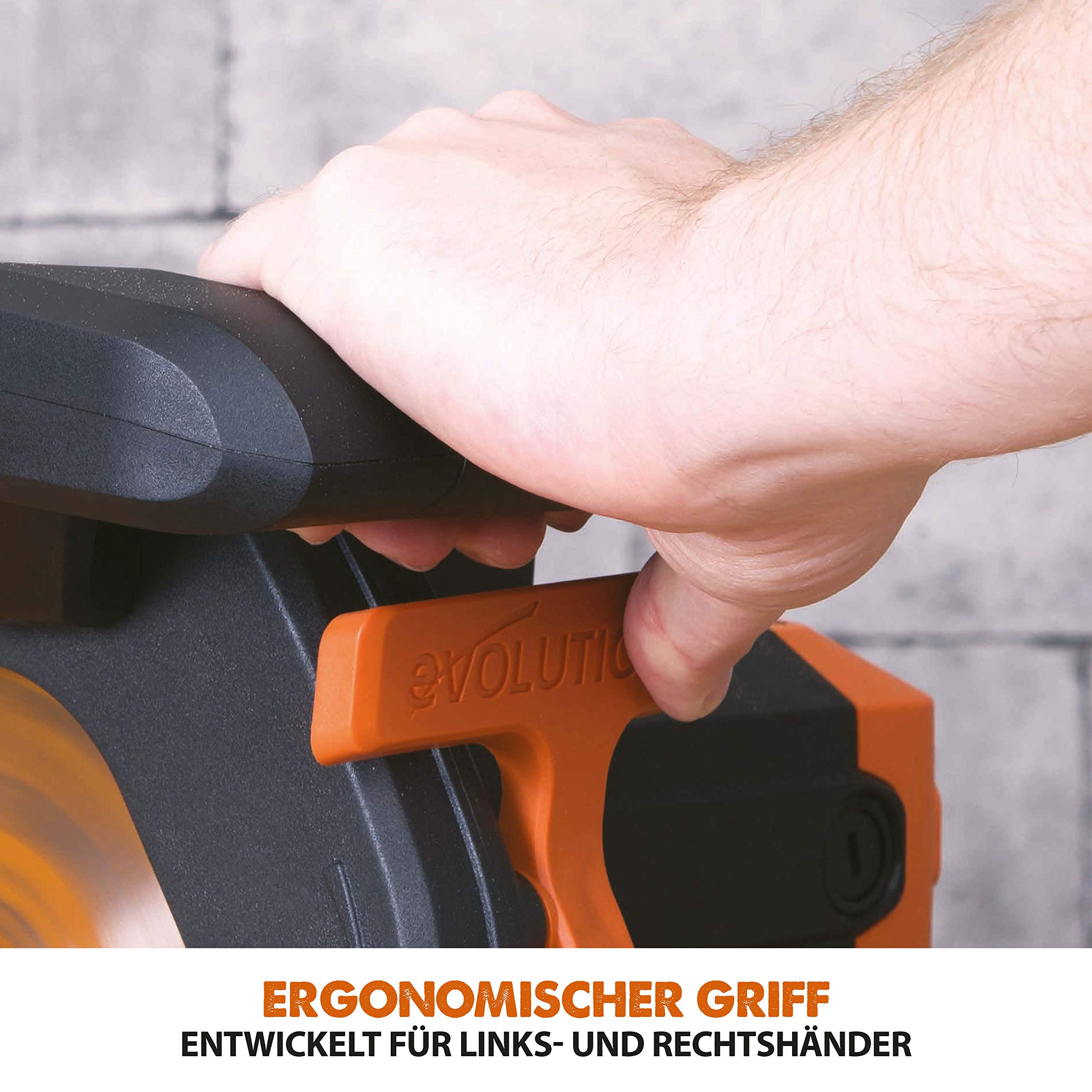 Evolution Schiebe-Kapp- und Gehrungssäge R210SMS-300+ | 1500 W, 300 mm Gleitfunktionalität, Schrägschnitt, Gehrungswinkeln | Ø 210 mm HM TCT Sägeblatt für Multimaterialschnitt | Zug-kapp-gehrungssäge