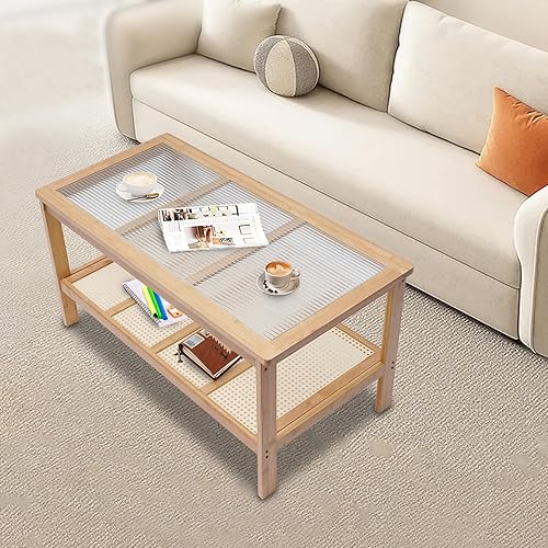 Miniatura 4 de SHIOUCY Mesa de centro rectangular de mediados de siglo de 2 niveles con tapa de cristal y estante de almacenamiento rústico soporte de TV