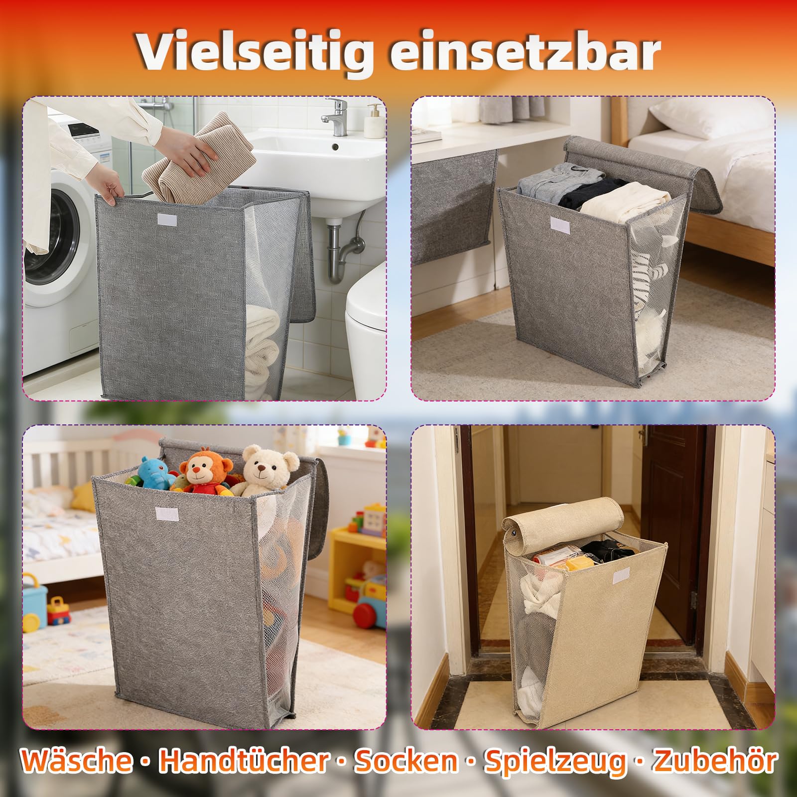 Cesto Ropa Sucia Pared Organizador Compresible Cesto Ropa Sucia Plegable con Tapa Contenedor Ropa Sucia Transpirable Antigolpes Estrecho (Gray-L)