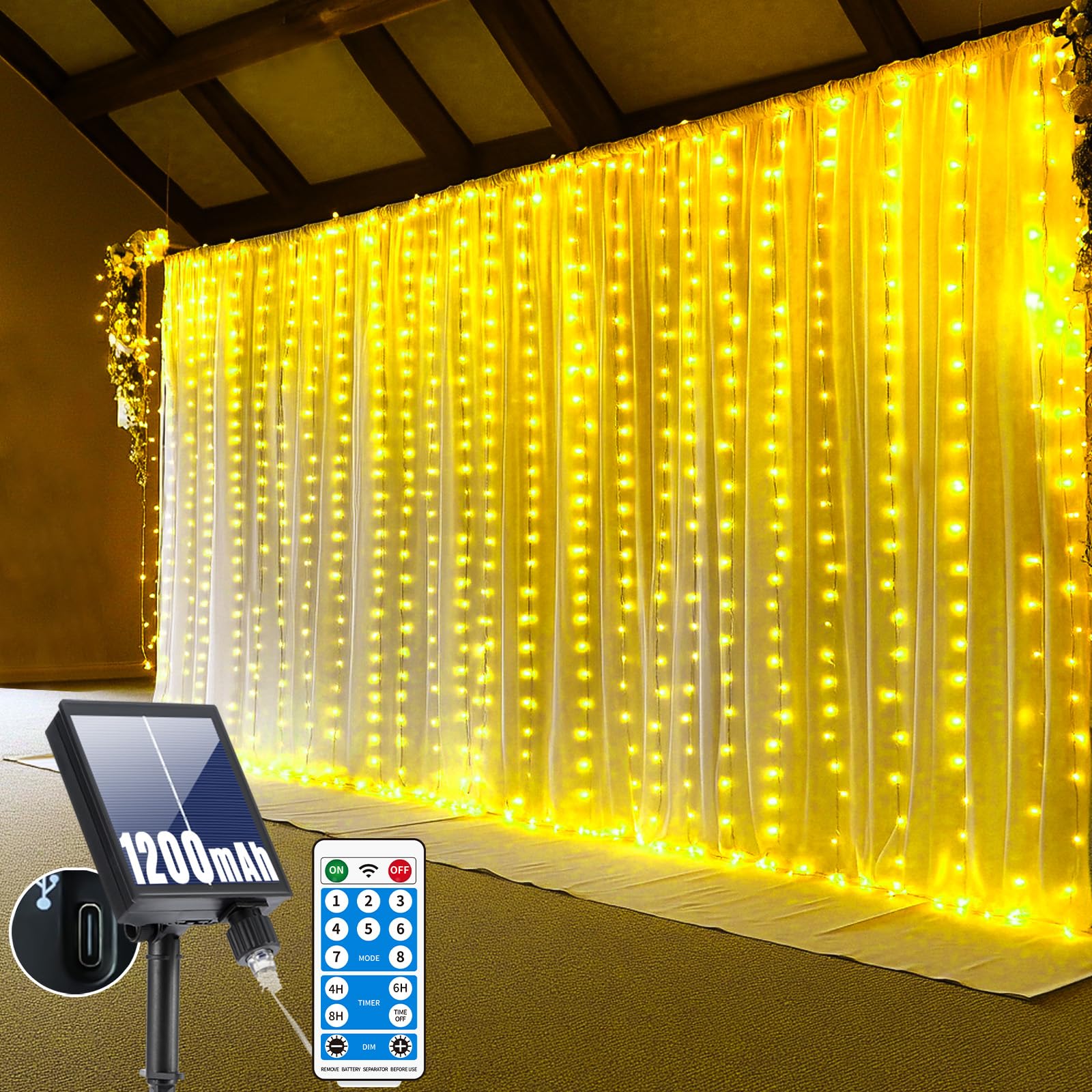 RJEDL Curtain Light 3 x 3M, 300 LED Solar Waterfall Lights, 8 Modi, Solar Tenda di Luci per Natale USB-Power, IP65 Waterproof with Remote Control Timer and Memory Functions [Warm White]