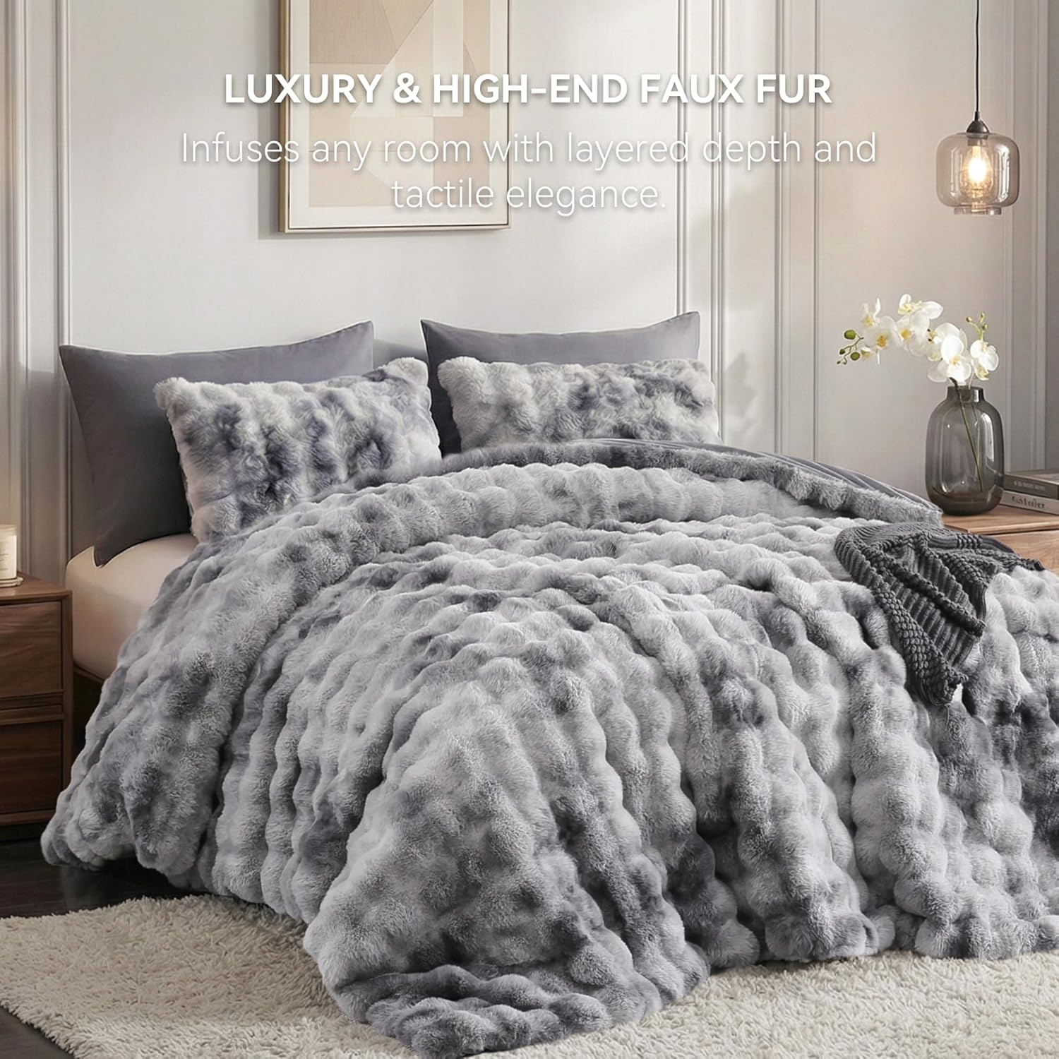 Smoofy Fluffy Comforter Set King - Ultra Faux Rabbit Fur Bubble Comforter, Tie-Dye Grey Luxury Plush Bedding Set, Cloud-Like Soft & Cozy for Winter Comforter with 2 Pillowcases, Room Decor Aesthetic