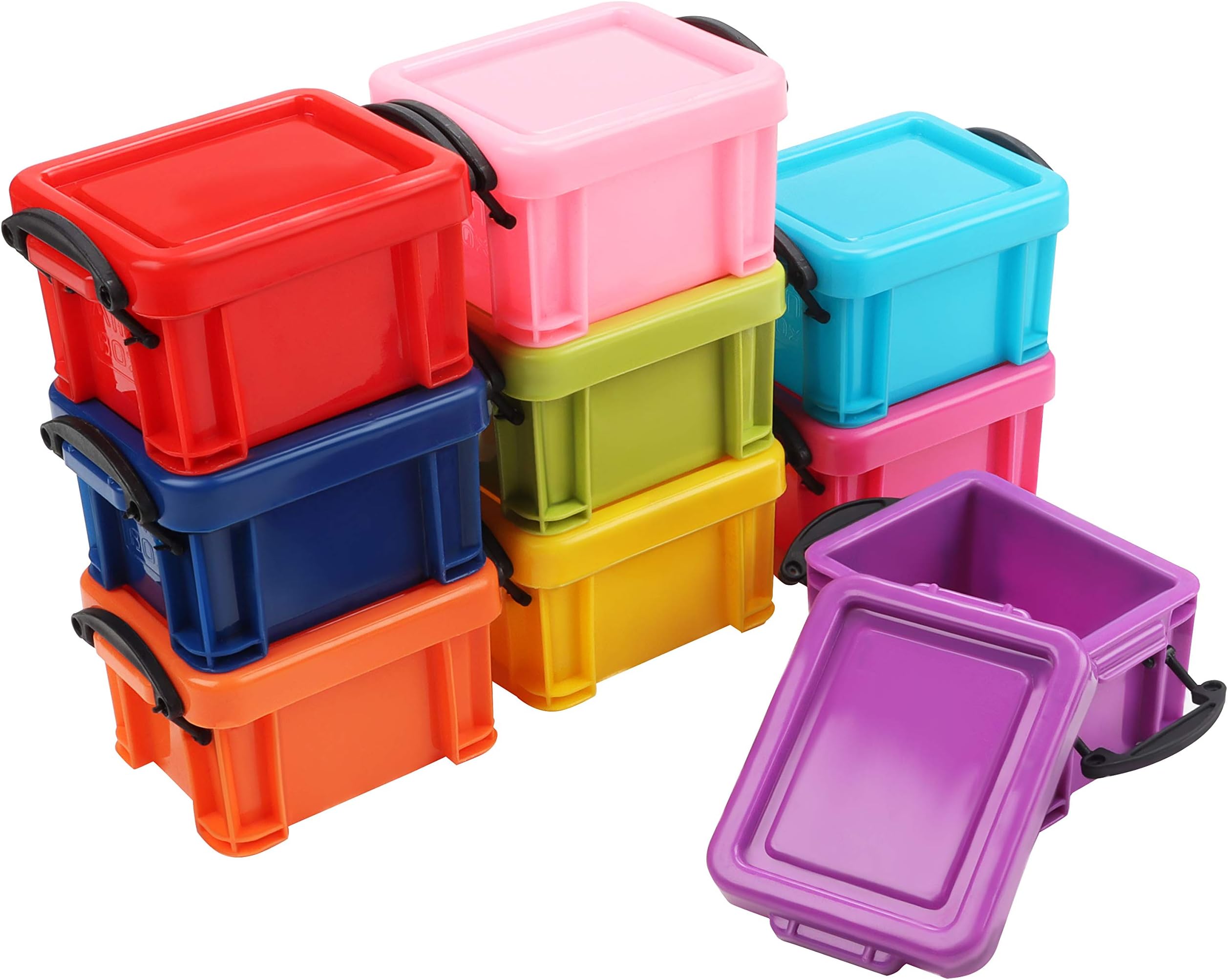 Kurtzy Small Plastic Storage Containers (9 Pack) - 6.13 x 5.3 x 4.5cm/2.41 x 2.08 x 1.77 inches - Mini Stackable Boxes with Clip-on Lids in 9 Colours - For Crafts, Beads, Hardware, Jewellery & Small