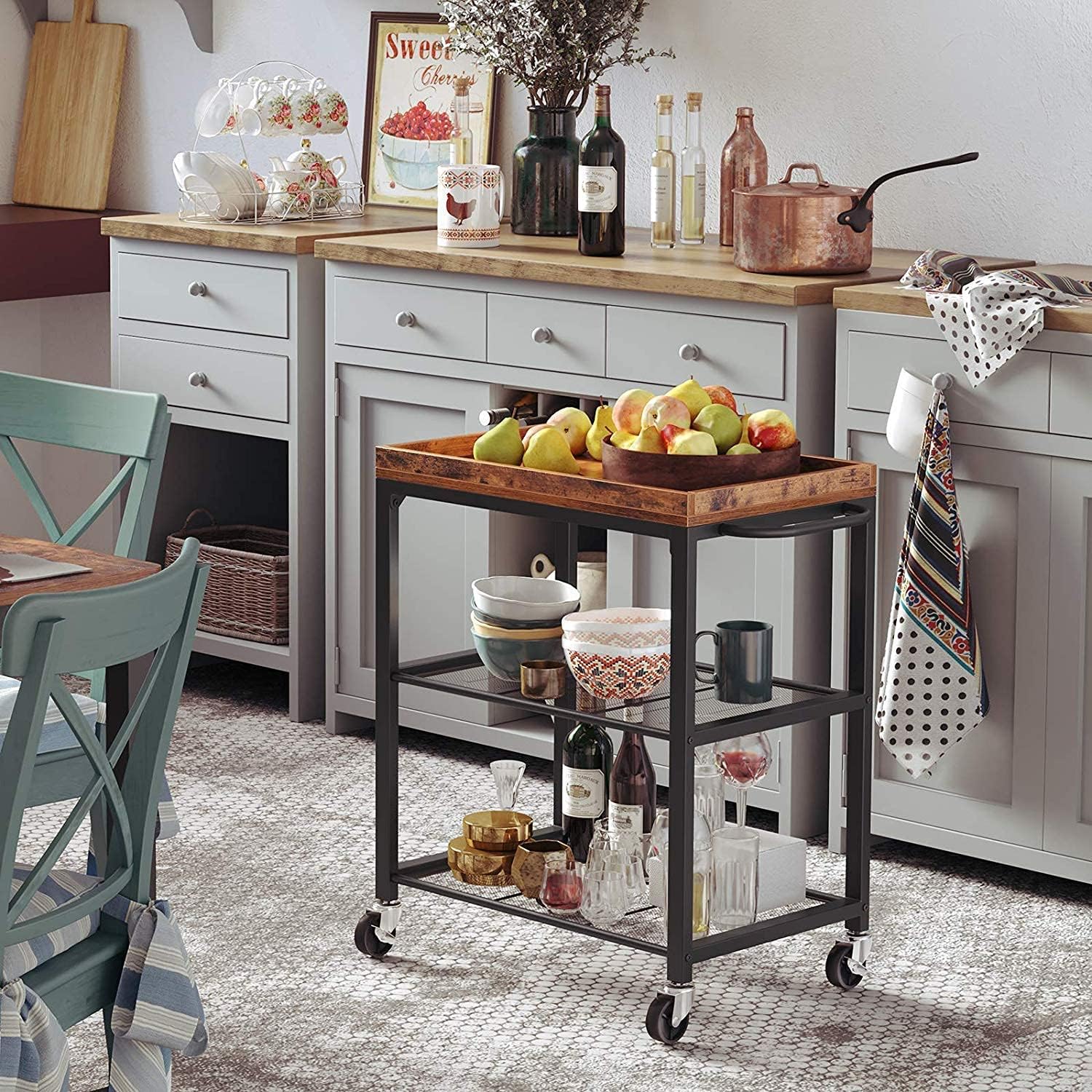 OGFC 45227 Bar Serving Cart Table Kitchen Wine Storage Cart with Wine Rack/Glass Holder, Serving Trolley with Lockable Wheels for Home/Pantry and Guest House, Black 3