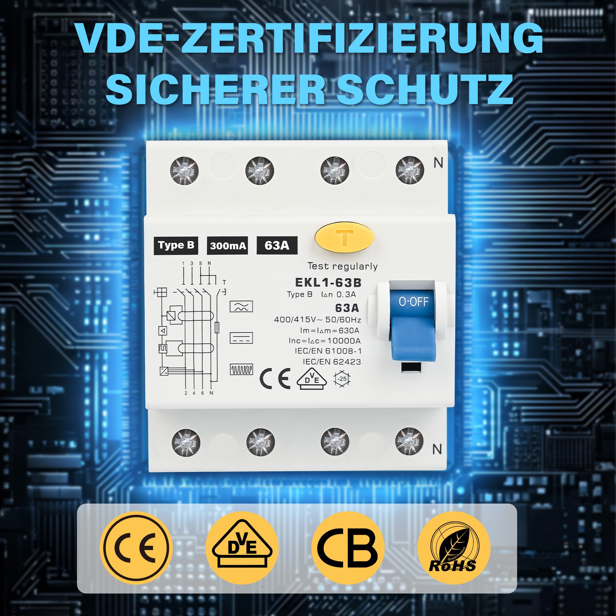 Warmfay® Disjoncteur FI type B 63 A 300 mA 4 broches certifié VDE | Disjoncteur de courant d'erreur RCD - Interrupteur automatique sensible à tout courant - Pour boîtes murales - Station de