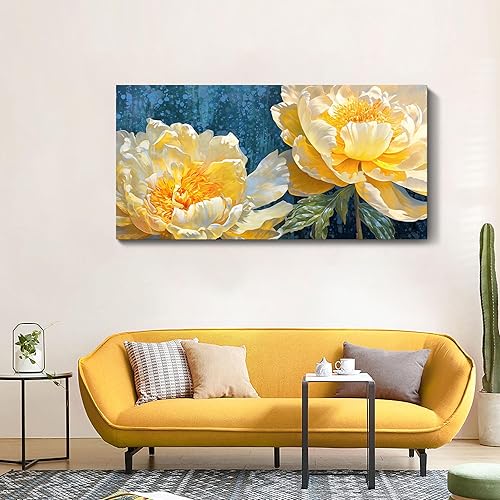 Miniatura 2 de AJAZIKO Arte de pared floral dorado grande para pared, decoración de pared azul para sala de estar, pinturas modernas para decoración de pared,