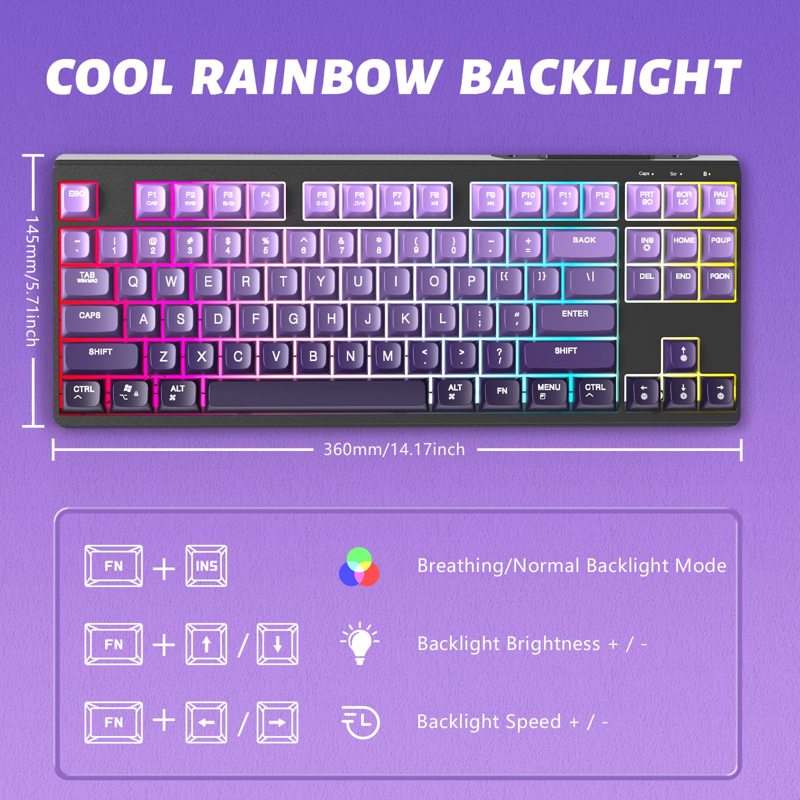 ATTACK SHARK X FREEWOLF M87 Tastiera da Gioco Wireless all'80%, TKL RGB SA Tastiera PBT Bluetooth/2.4Ghz, Batteria da 4000 mAh per Mac/Win, Ufficio/Giochi, QWERTY - Sfumatura Viola