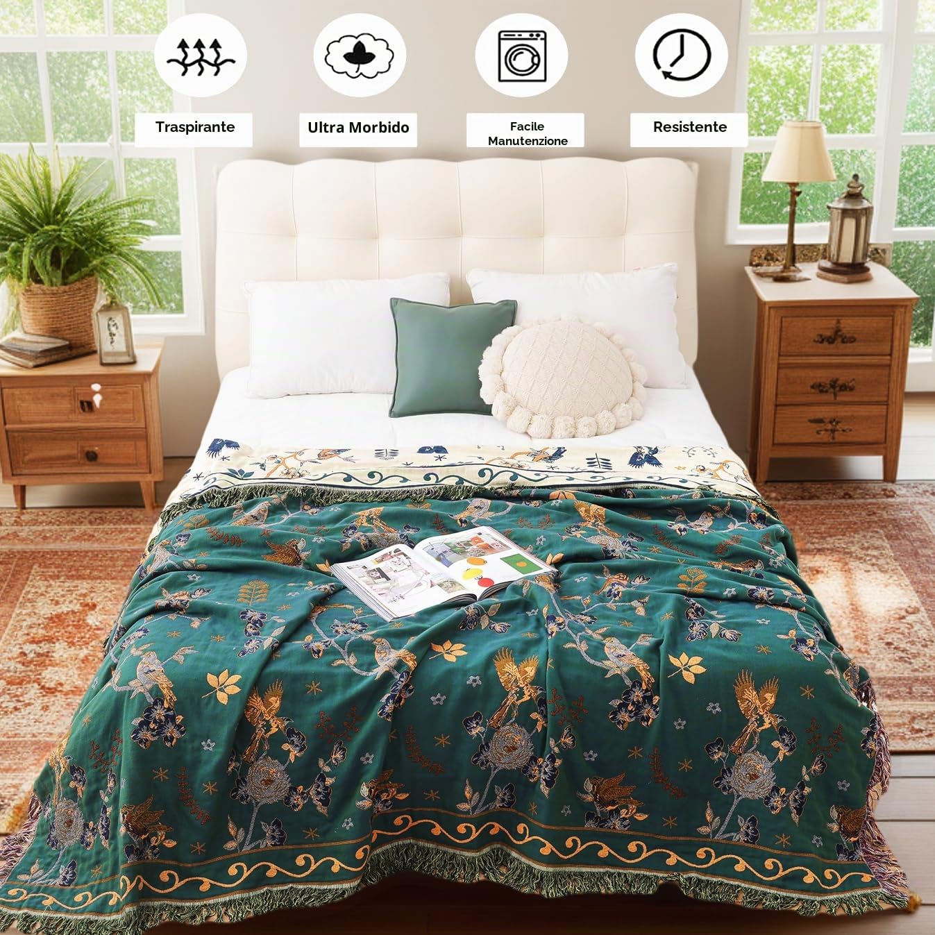VANJOROY Coperta per Divano e Letto Grande in 100% Cotone Organico con Motivo Floreale di Uccelli - 130x150cm, Coperta Morbida Doppio Lato Stile Bohémien per Poltrona Singola a 2 Posti, Tappeto da