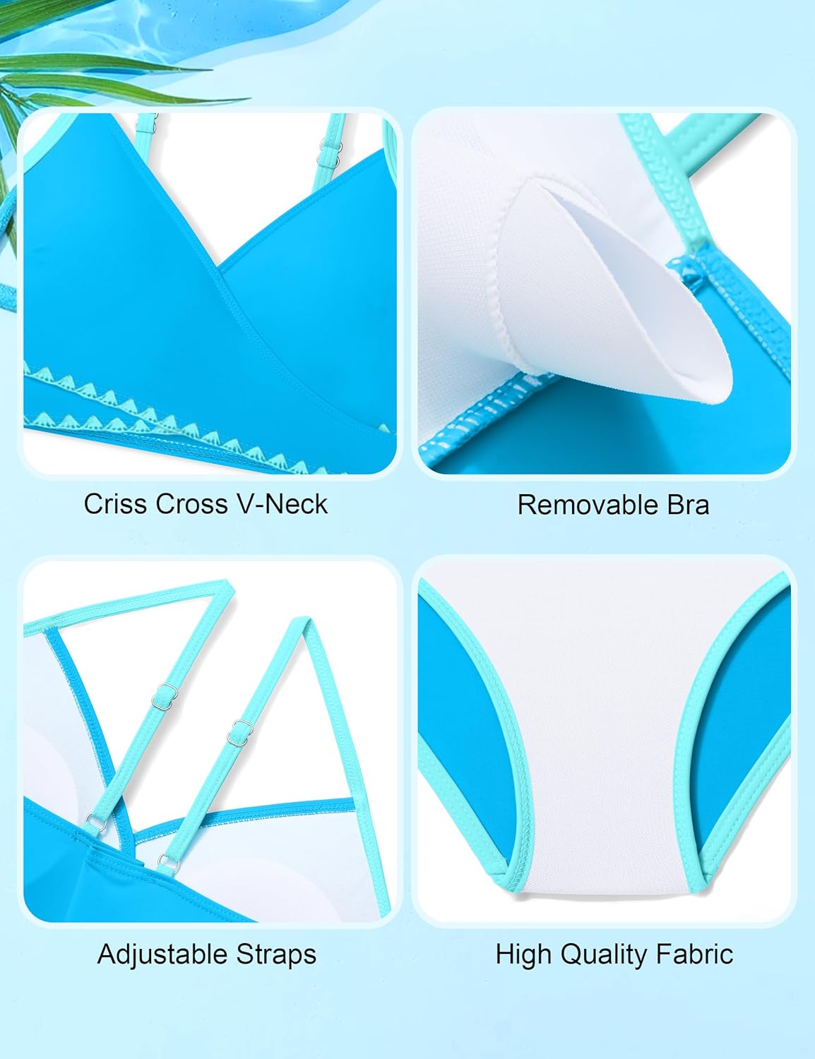 Girls Swimsuit Color Block Criss Cross V-Neck Contrast Trim Geometric Pattern Two Piece Girls Bikini Set 9-16Y - Image 5